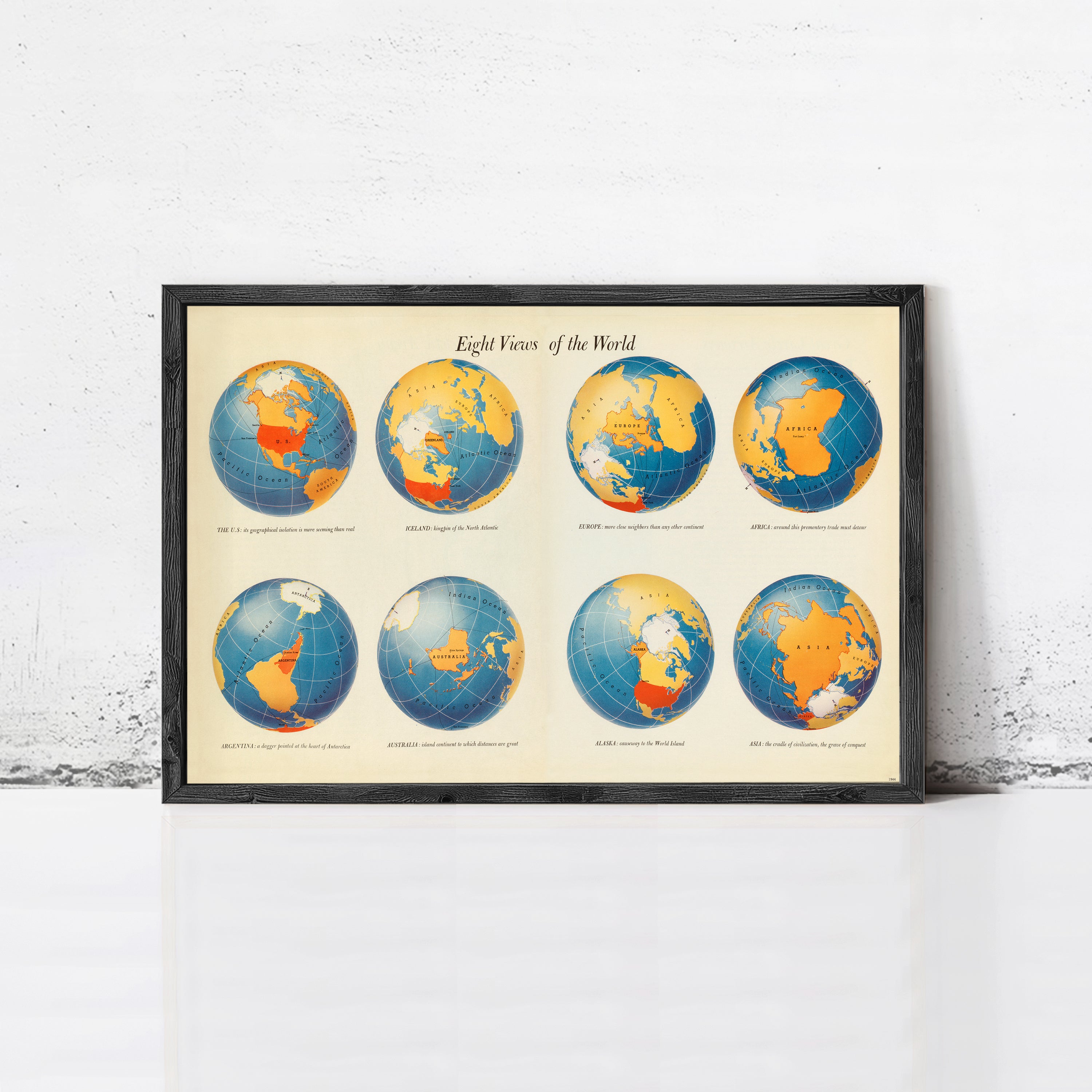 The image is a framed poster titled "Eighth Views of the World" that displays eight different views of the Earth, each showing a unique perspective of the planet.