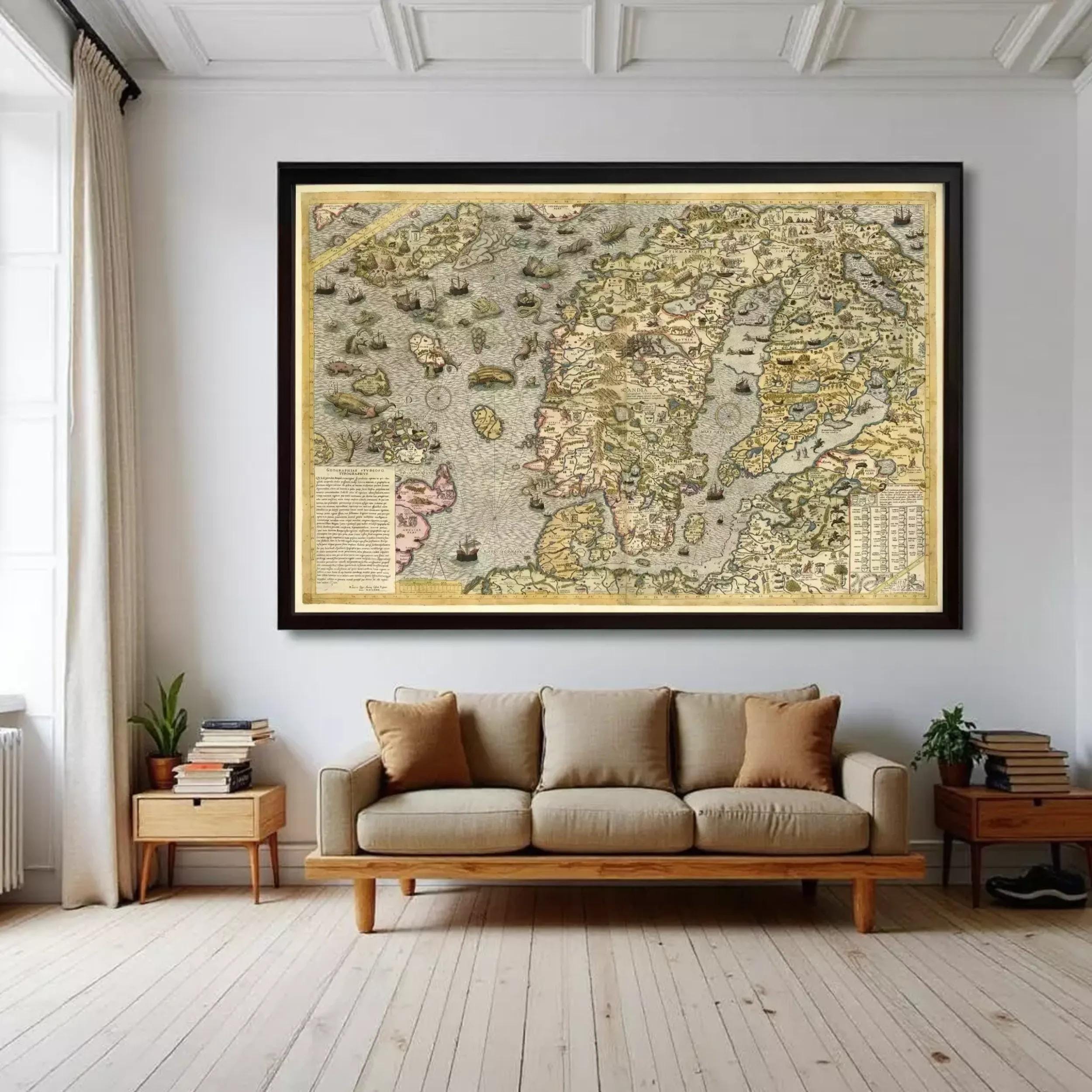 A large, framed map of Europe hangs on the wall of a living room, with a beige sofa and wooden side tables below it.