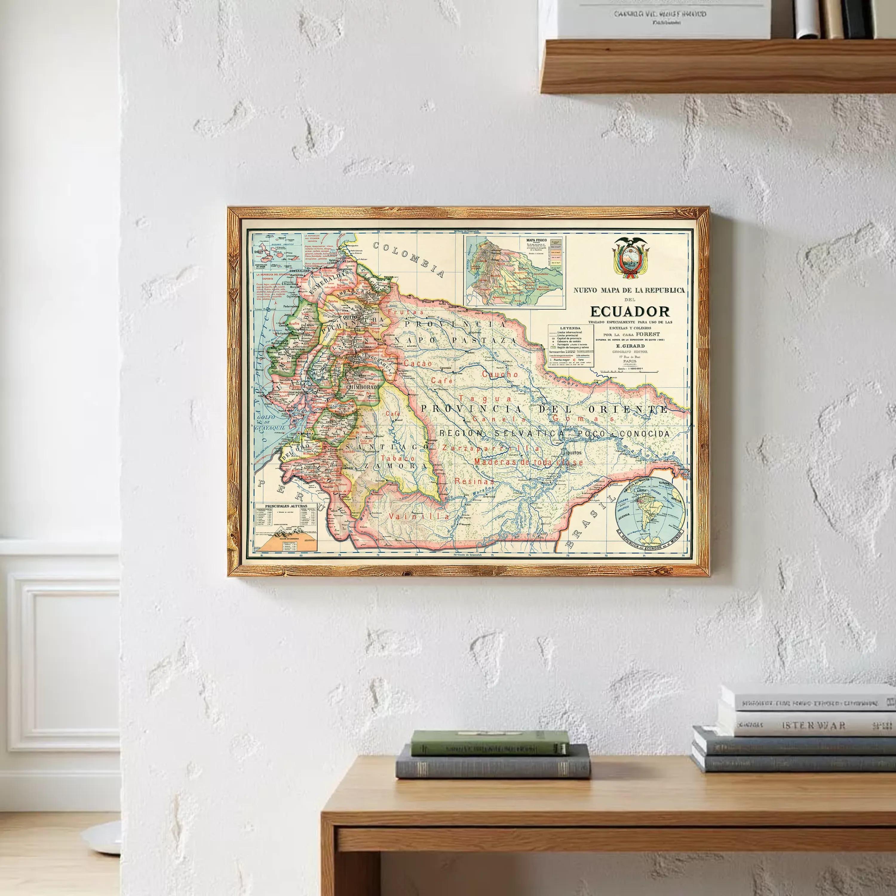 The image is a framed vintage map of Ecuador, showing the country's geographical layout and surrounding areas.