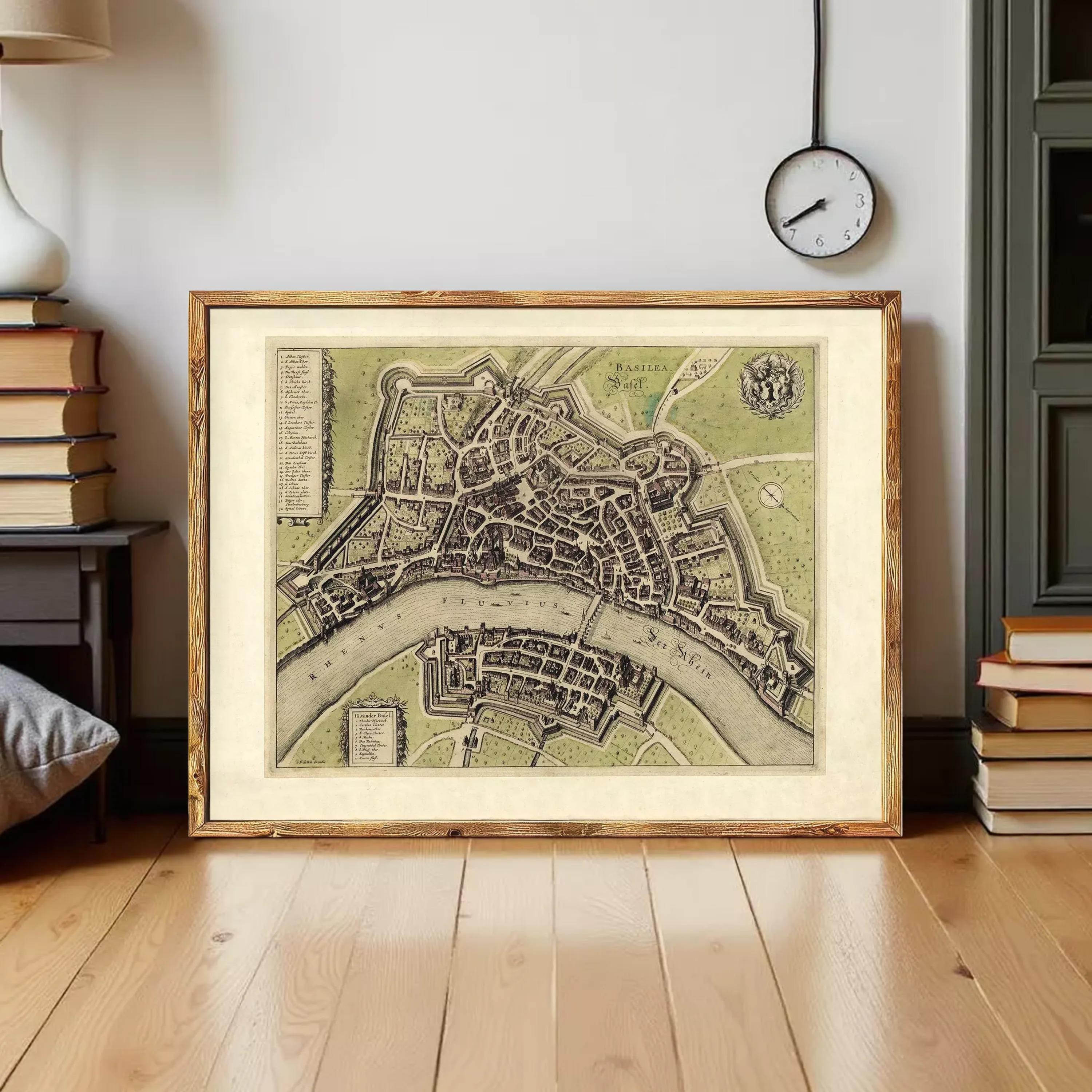 The image is a framed map of a city, likely a historical or geographical map, displayed on a wall.