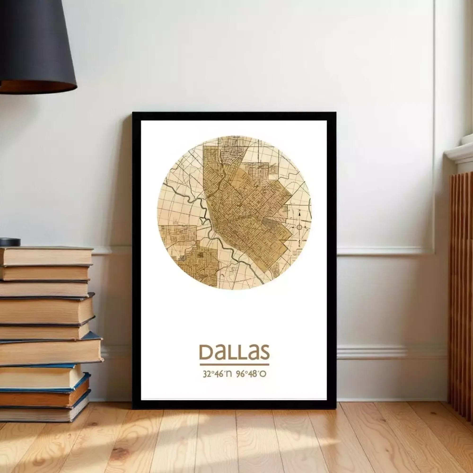 A framed map of Dallas, Texas, with the city's name and location printed on it.