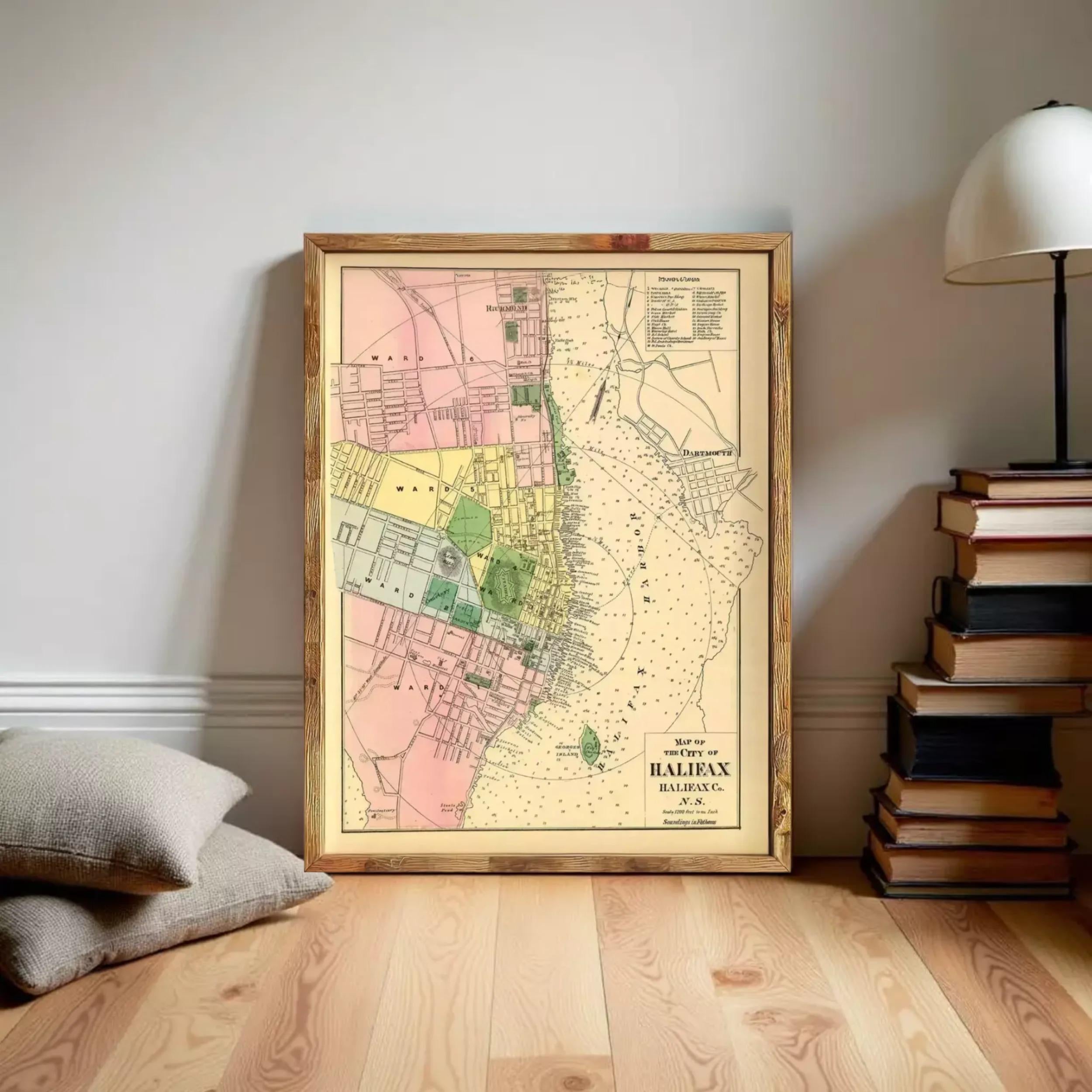 The image is a framed vintage map of the Halifax area in Nova Scotia, Canada.