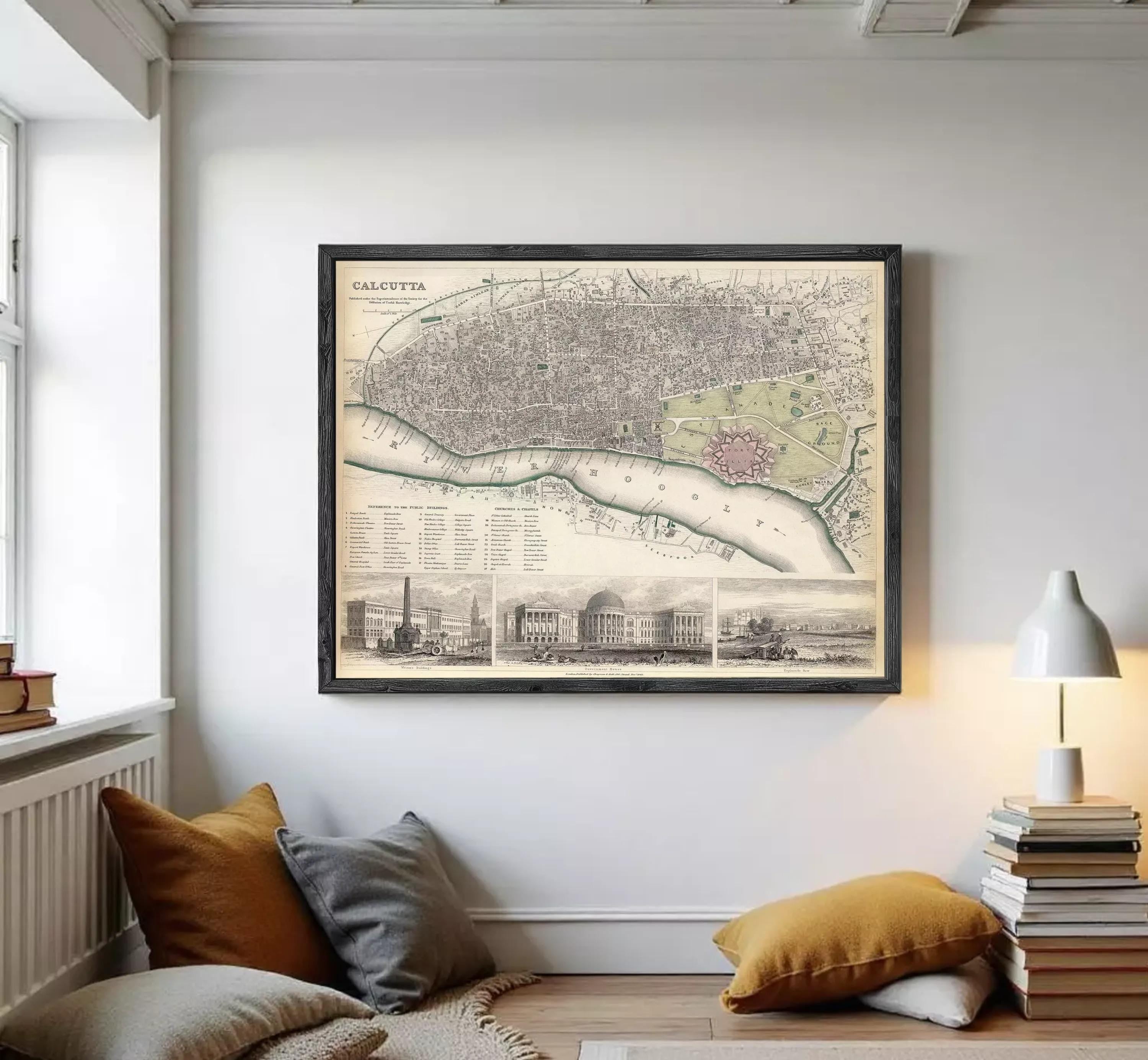 The image is a framed vintage map of Calcutta, India, depicting the city's layout and surrounding areas.