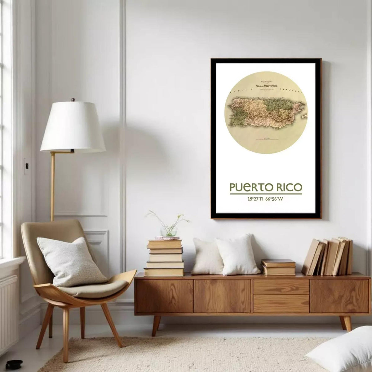 A framed map of Puerto Rico, with the text "PUERTO RICO" and the location "18° 27' 66" W" printed on it.