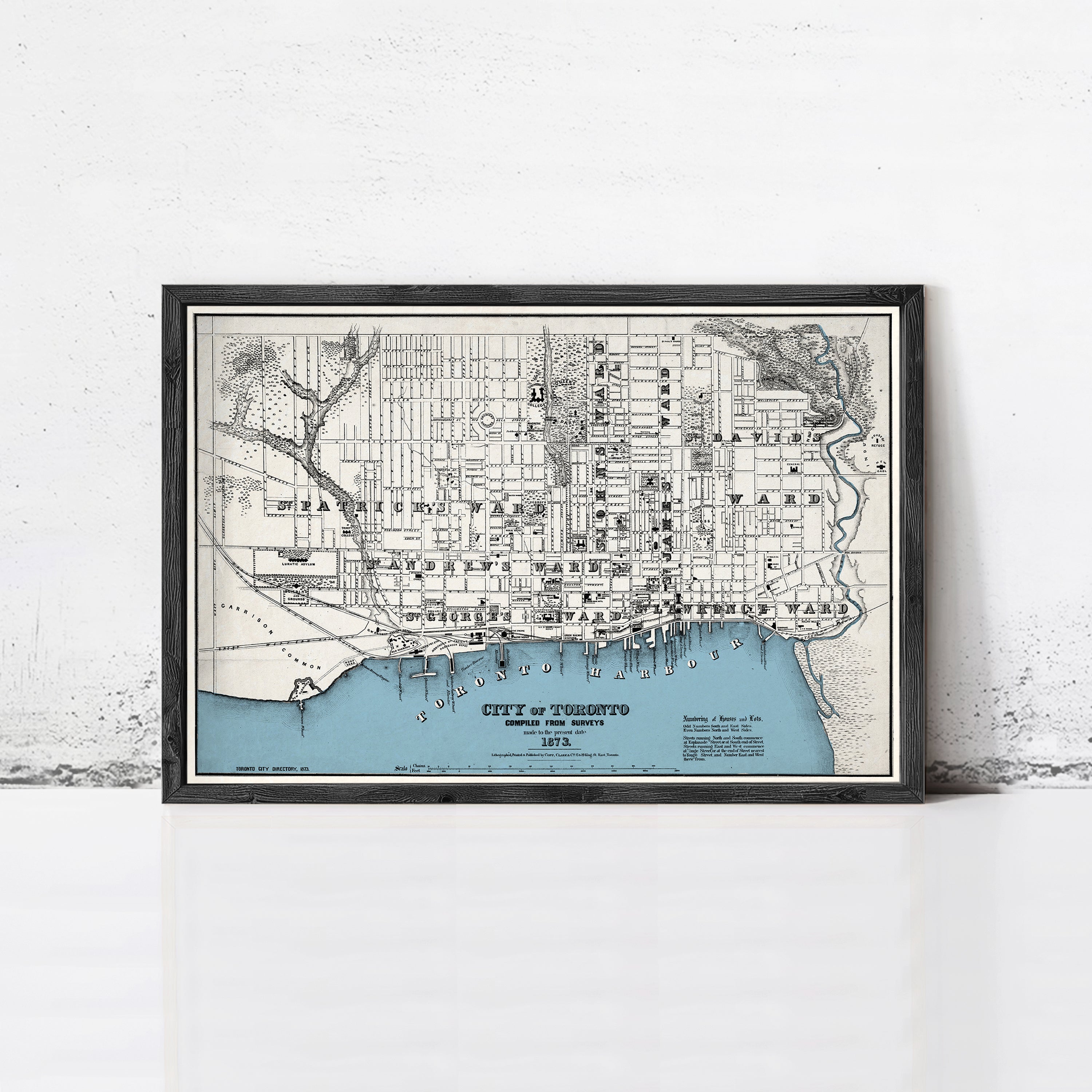 The image is a framed map of Toronto, Canada, depicting the city's streets and surrounding areas.