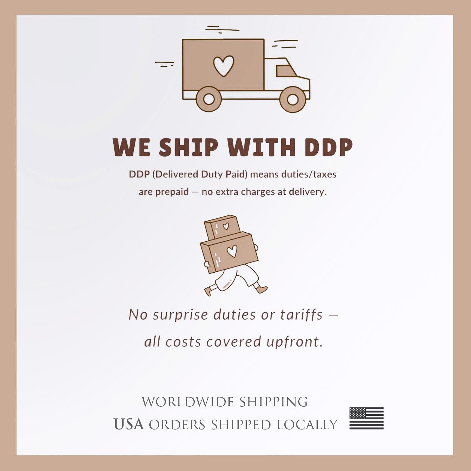 The image is a simple illustration that includes a truck carrying a package and a person carrying a package. The text above the image states that the company ships with DDP (Delivered Duty Paid) and that no surprise duties or Tariffs are covered upfront. The company is worldwide shipping USA orders shipped locally.