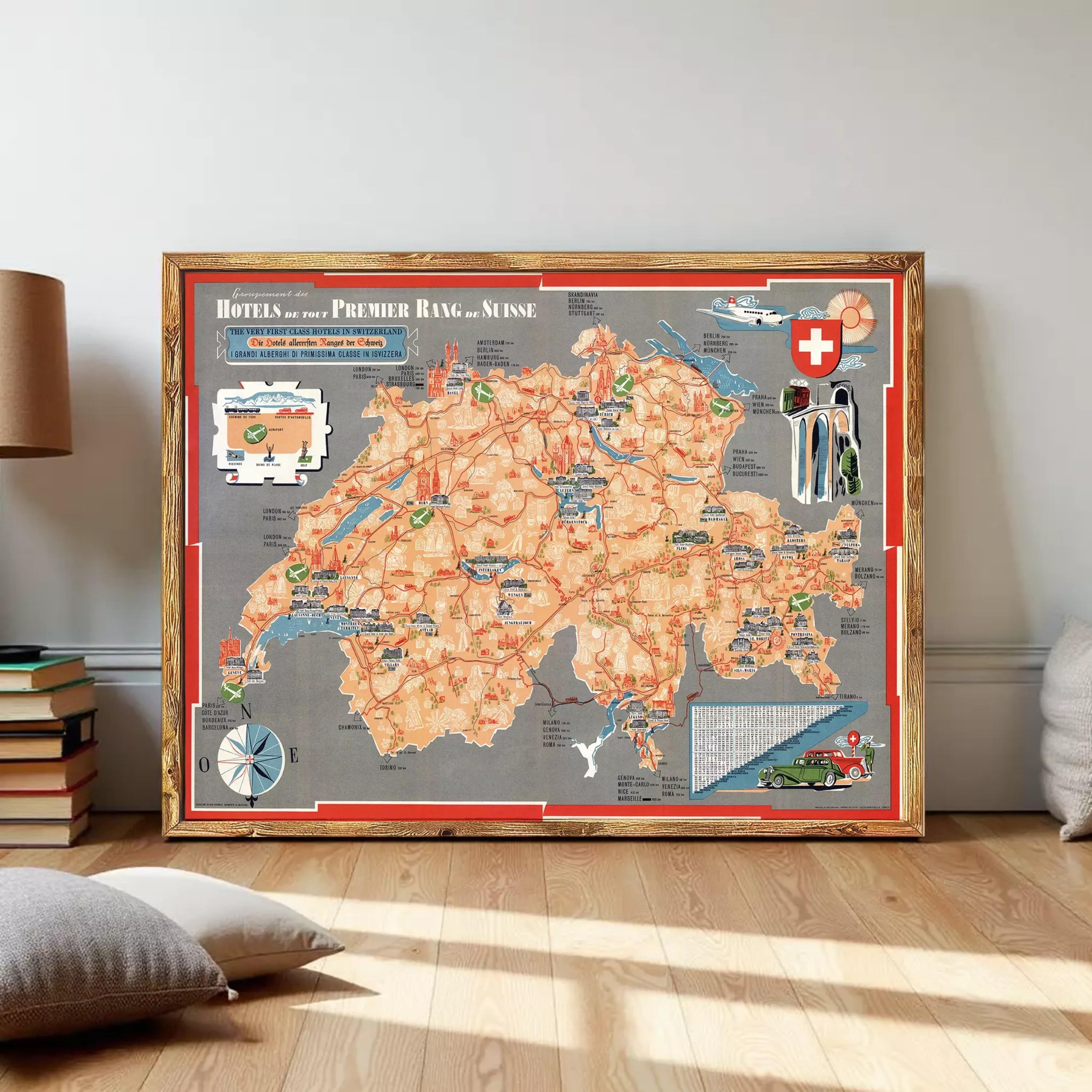 The image is a framed map of Switzerland, featuring various landmarks and locations throughout the country.