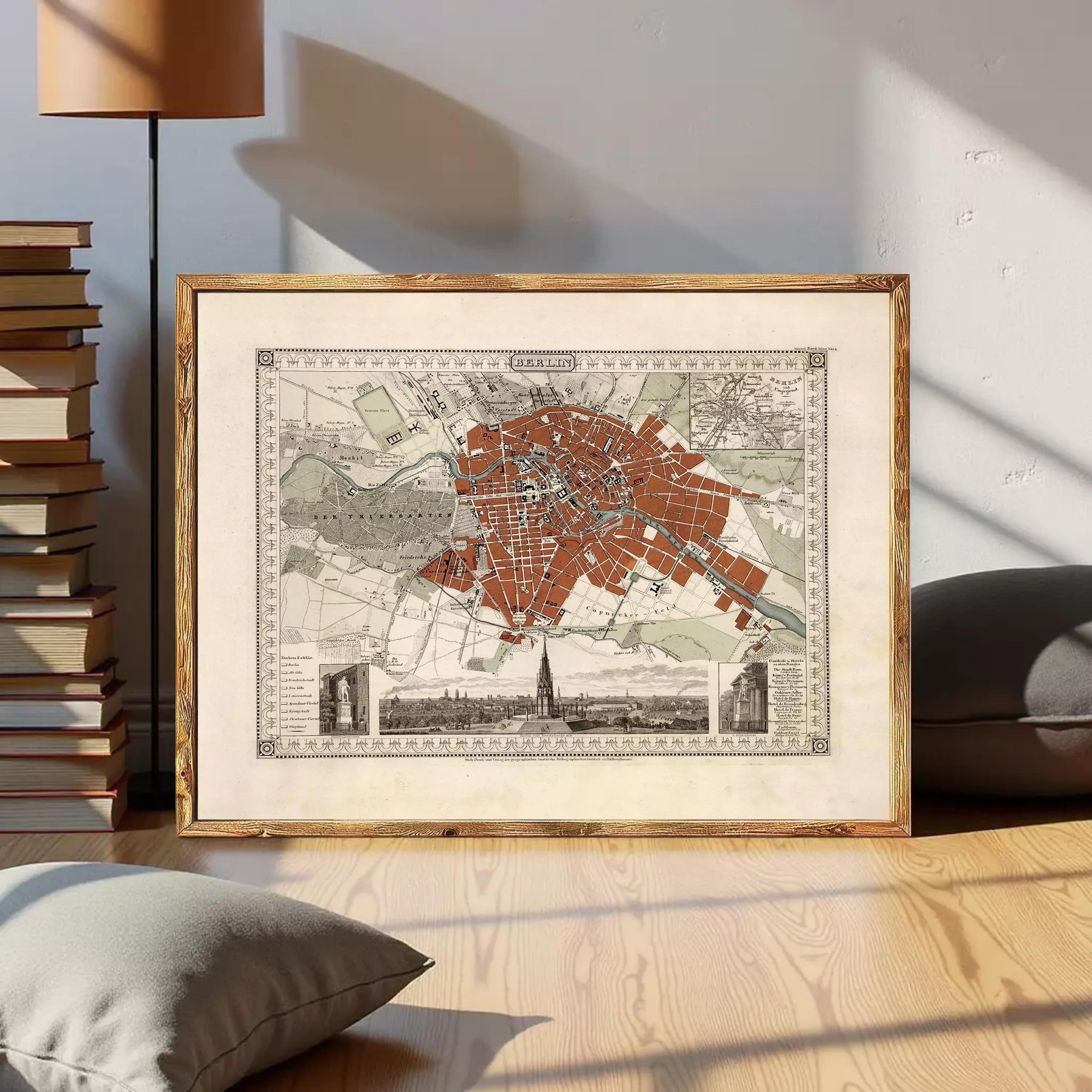 The image is a framed vintage map of a city, depicting a detailed layout of streets, landmarks, and other geographical features.