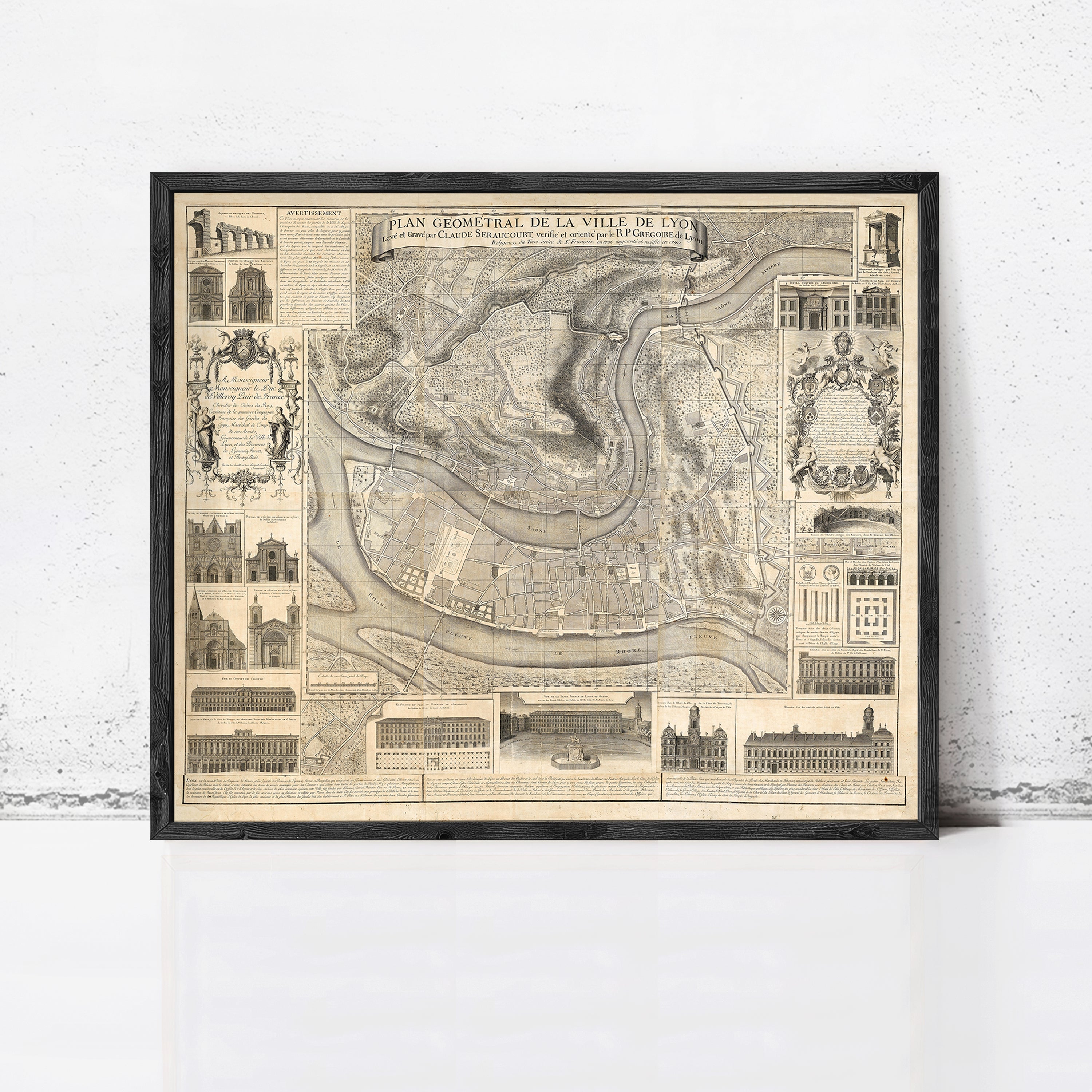 The image is a framed antique map of Paris, France, depicting the city's layout and surrounding areas.
