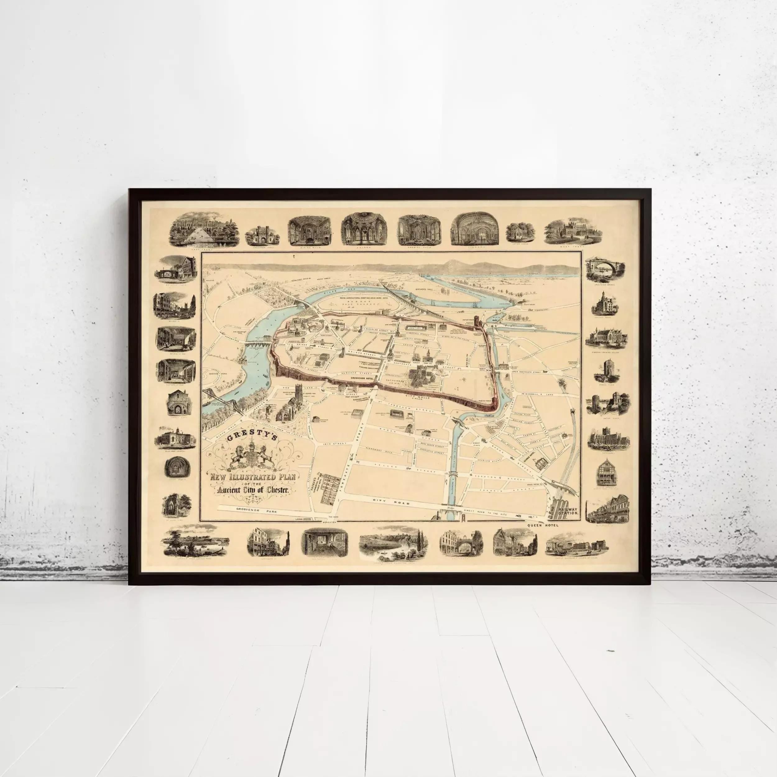 The image is a framed vintage map of a city, featuring various landmarks and streets.