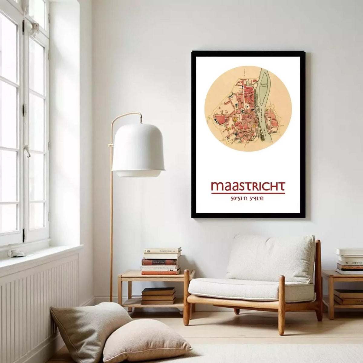 The image is a framed poster or print featuring a map of Maastricht, Netherlands.