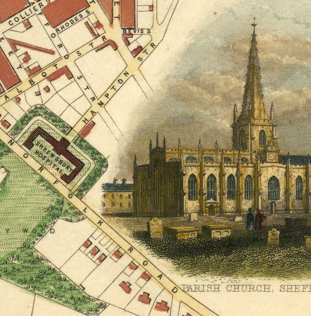The image is a historical map of a town, depicting a church and surrounding buildings.