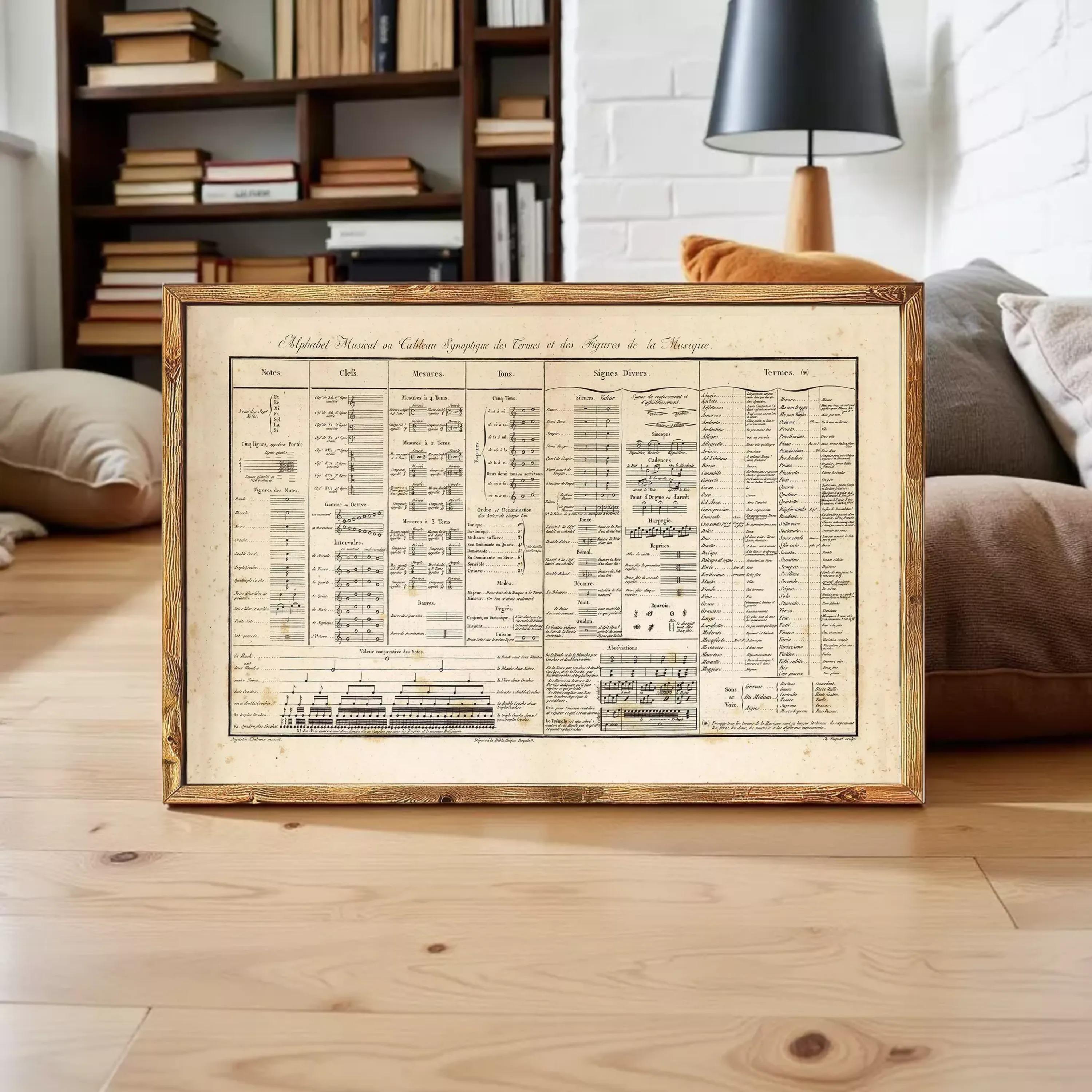 a framed print of a large sheet of music, likely a piano score, displayed on a wooden floor in a room with a bookshelf and a lamp in the background.