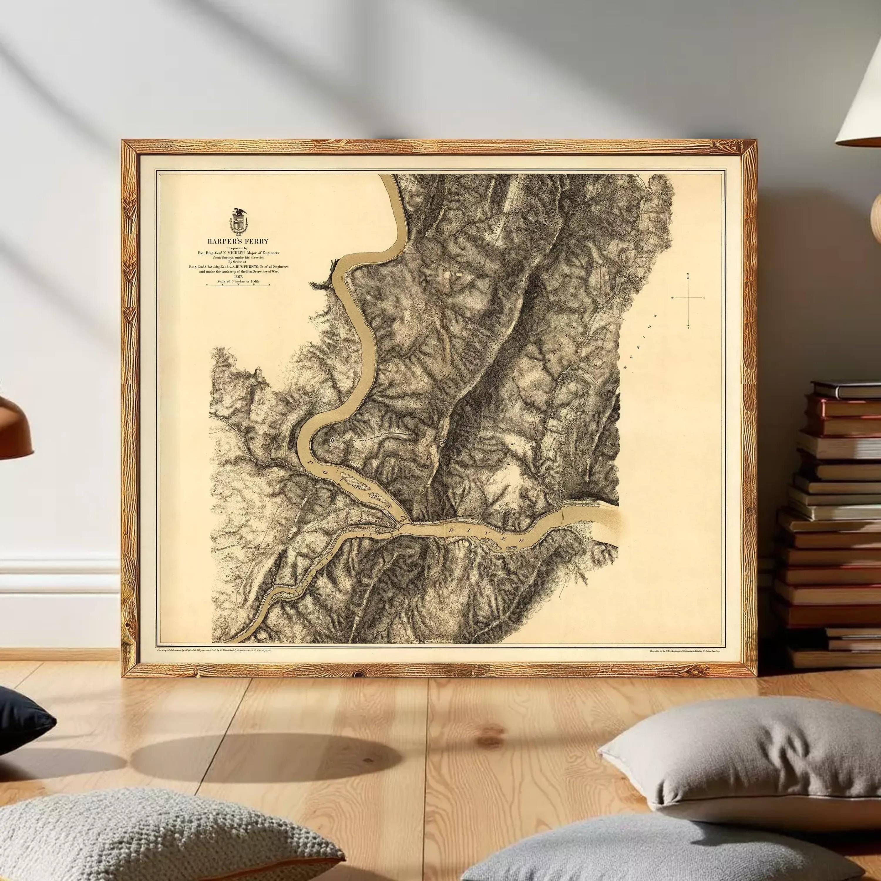 The image is a framed map of the Mississippi River and its surrounding areas, depicting the river's course and the surrounding landscape.