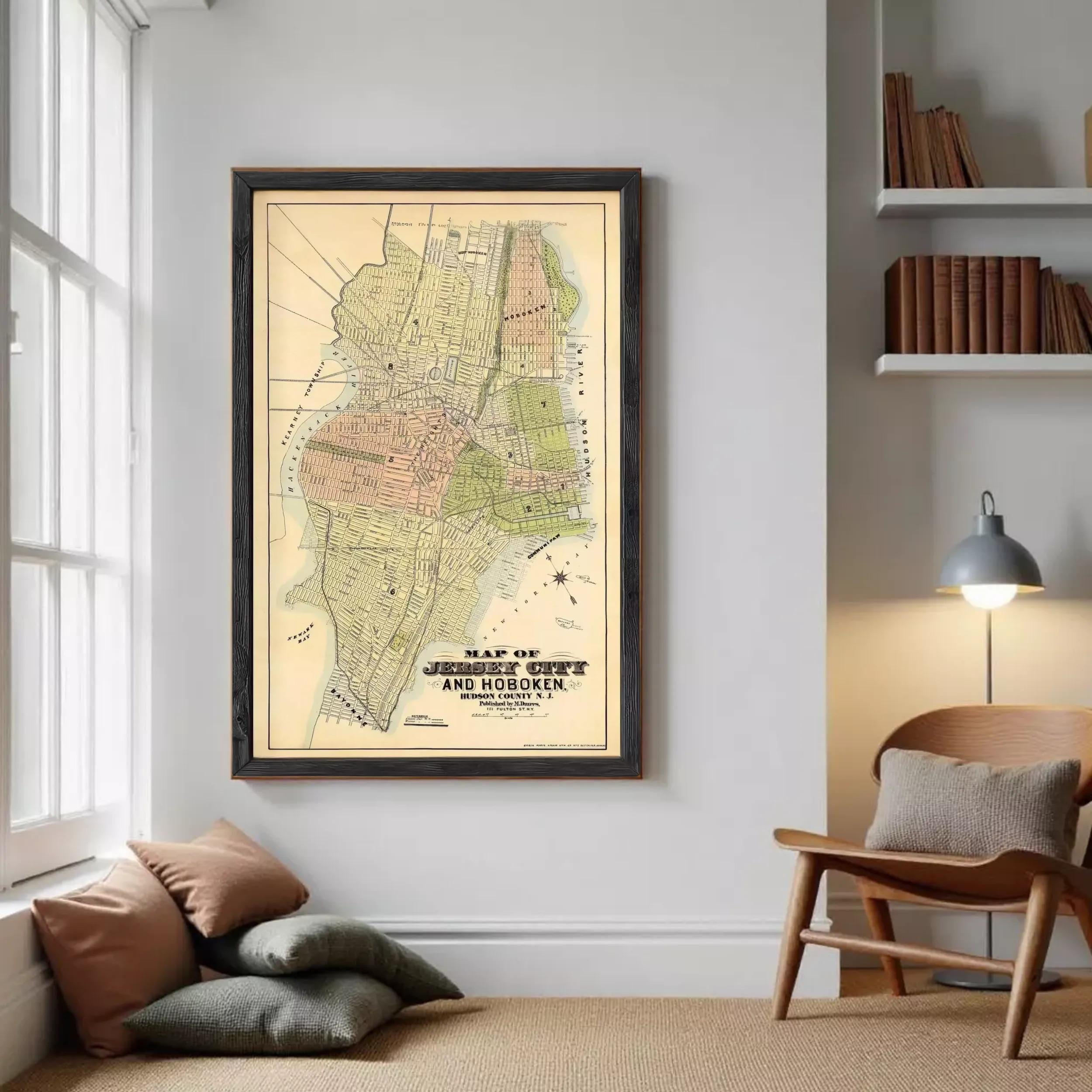 The image is a framed map of Jersey City, New Jersey, depicting the city's layout and surrounding areas.