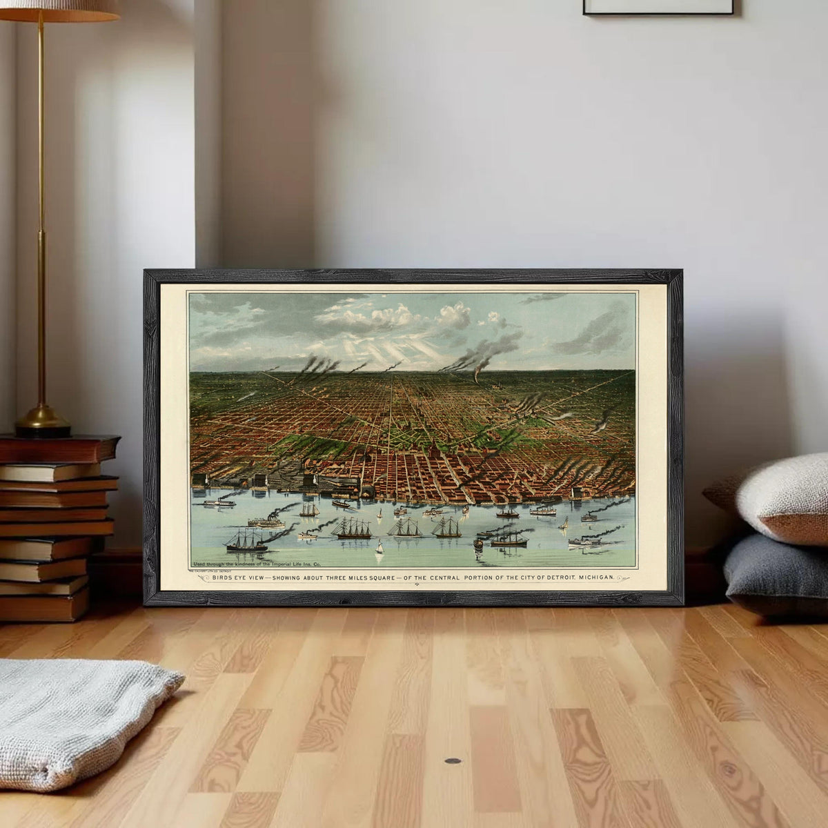 The image is a framed painting depicting a cityscape with boats and ships in the water, set against a cloudy sky.