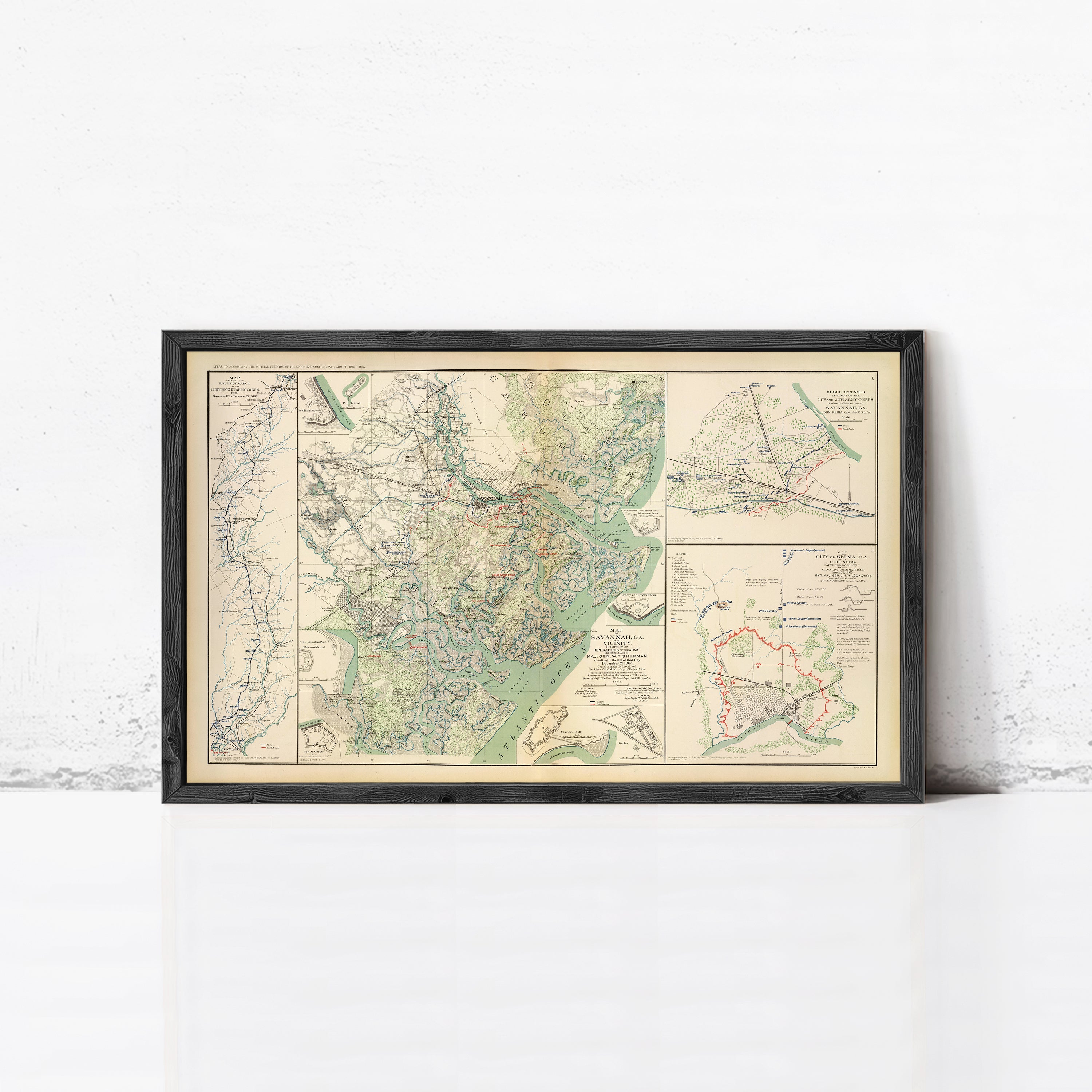 The image is a framed vintage map of the United States, depicting various regions and their geographical features.