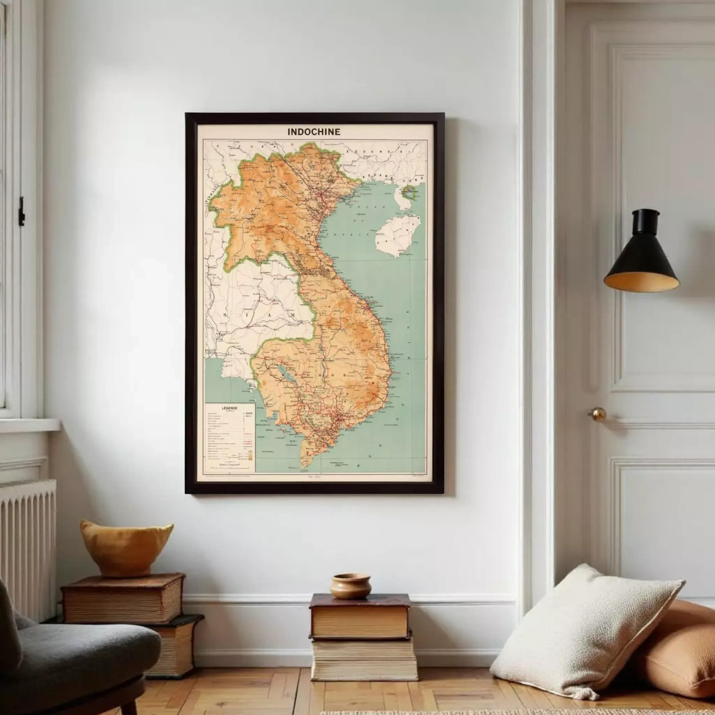 The image is a framed map of Vietnam, showing the country's geographical layout and major cities.