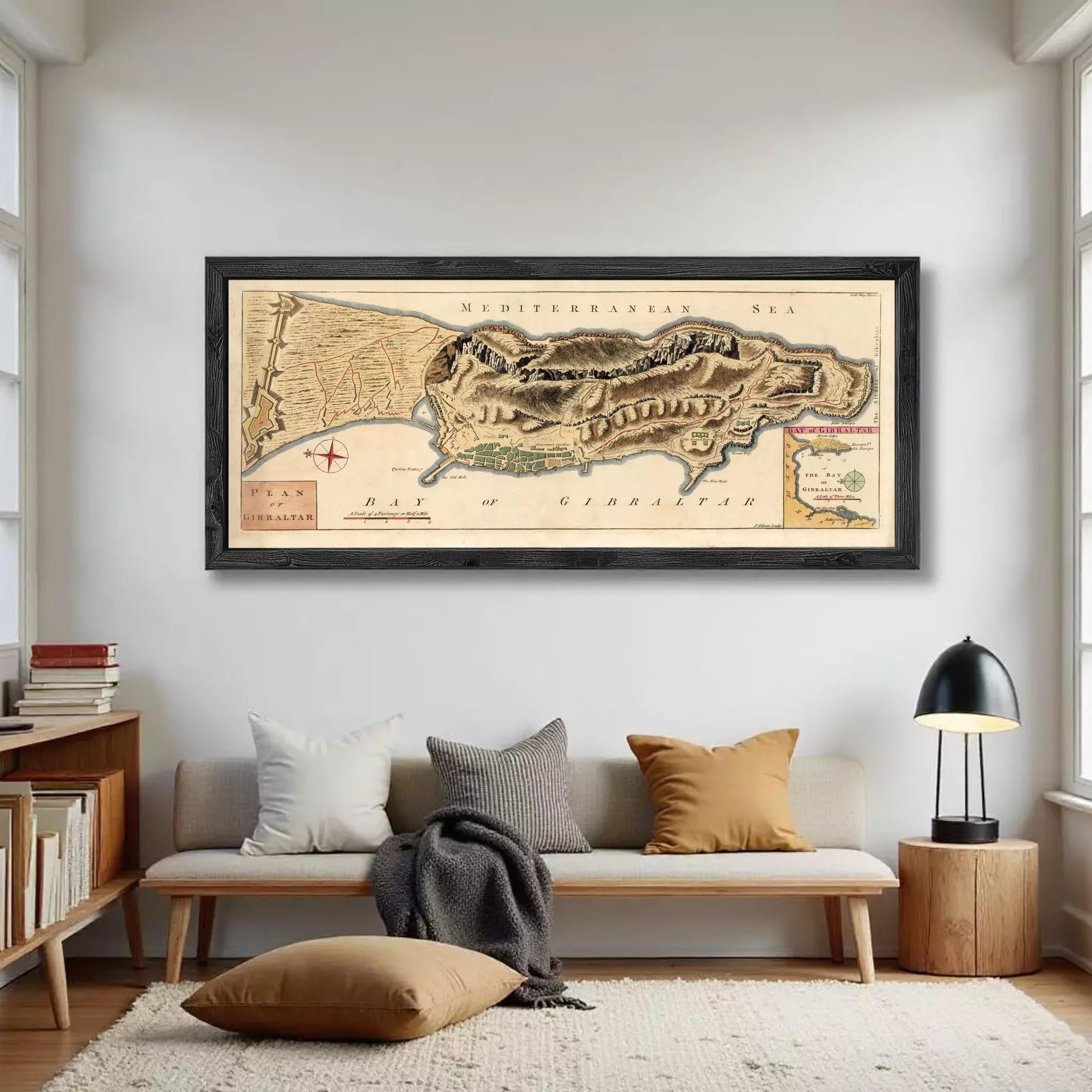 The image is a framed map of the Mediterranean Sea, depicting the Greek island of Gibraltar.
