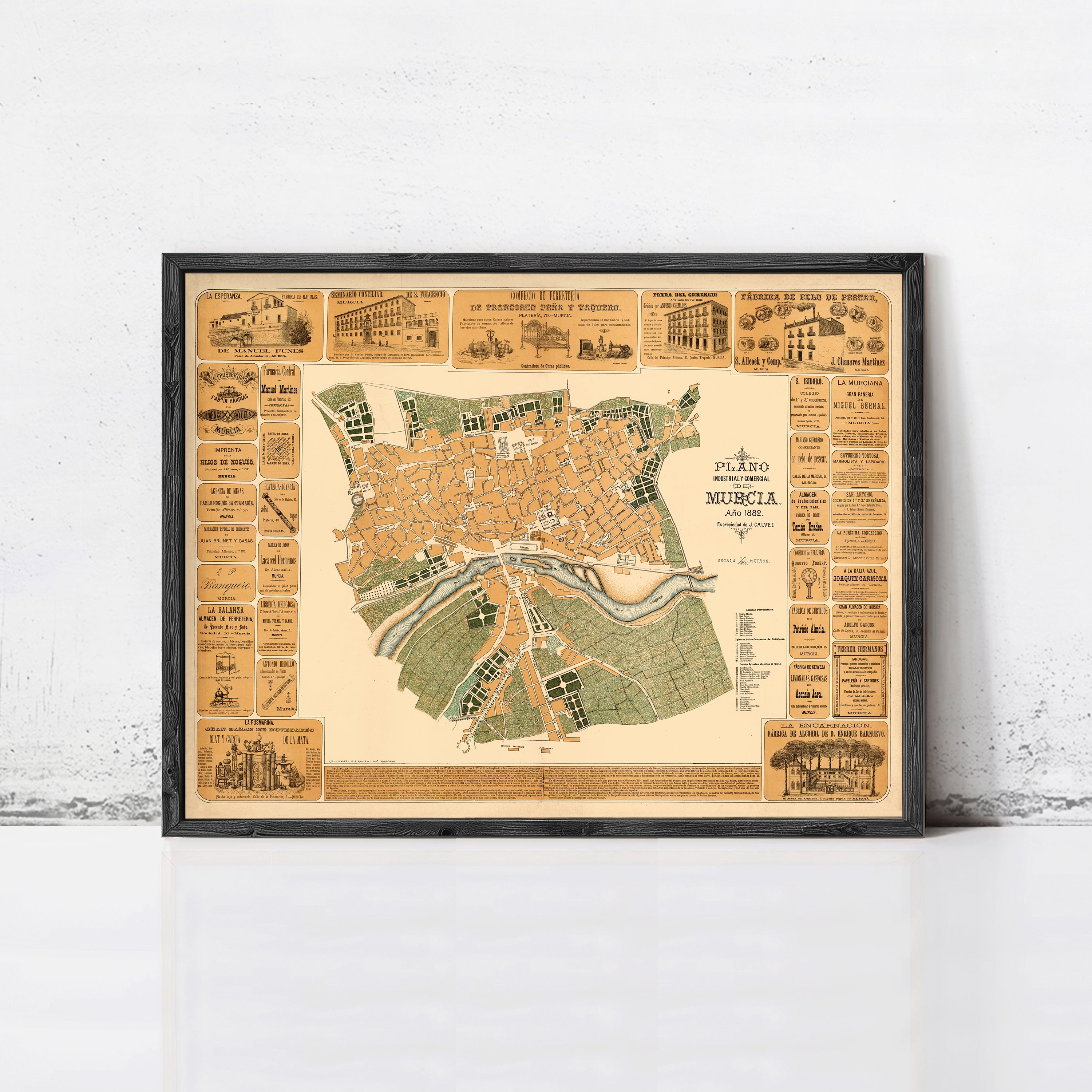 The image is a framed vintage map of a city, likely from the 19th century, with various landmarks and streets labeled.