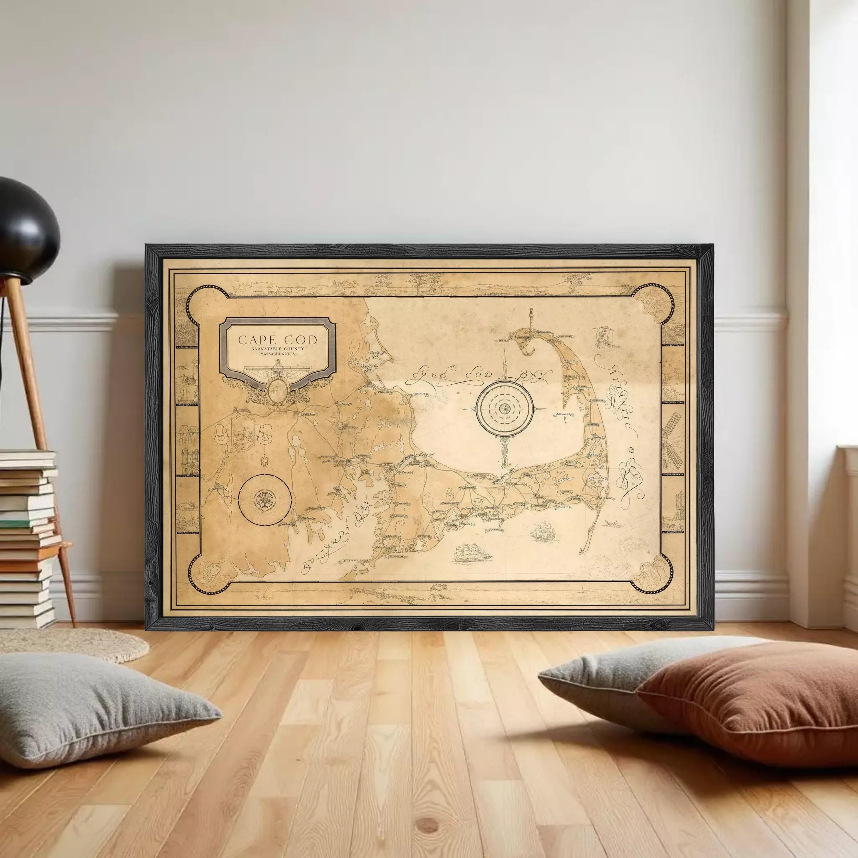 The image is a framed antique map of Cape Cod, Massachusetts, depicting the area in a vintage style.