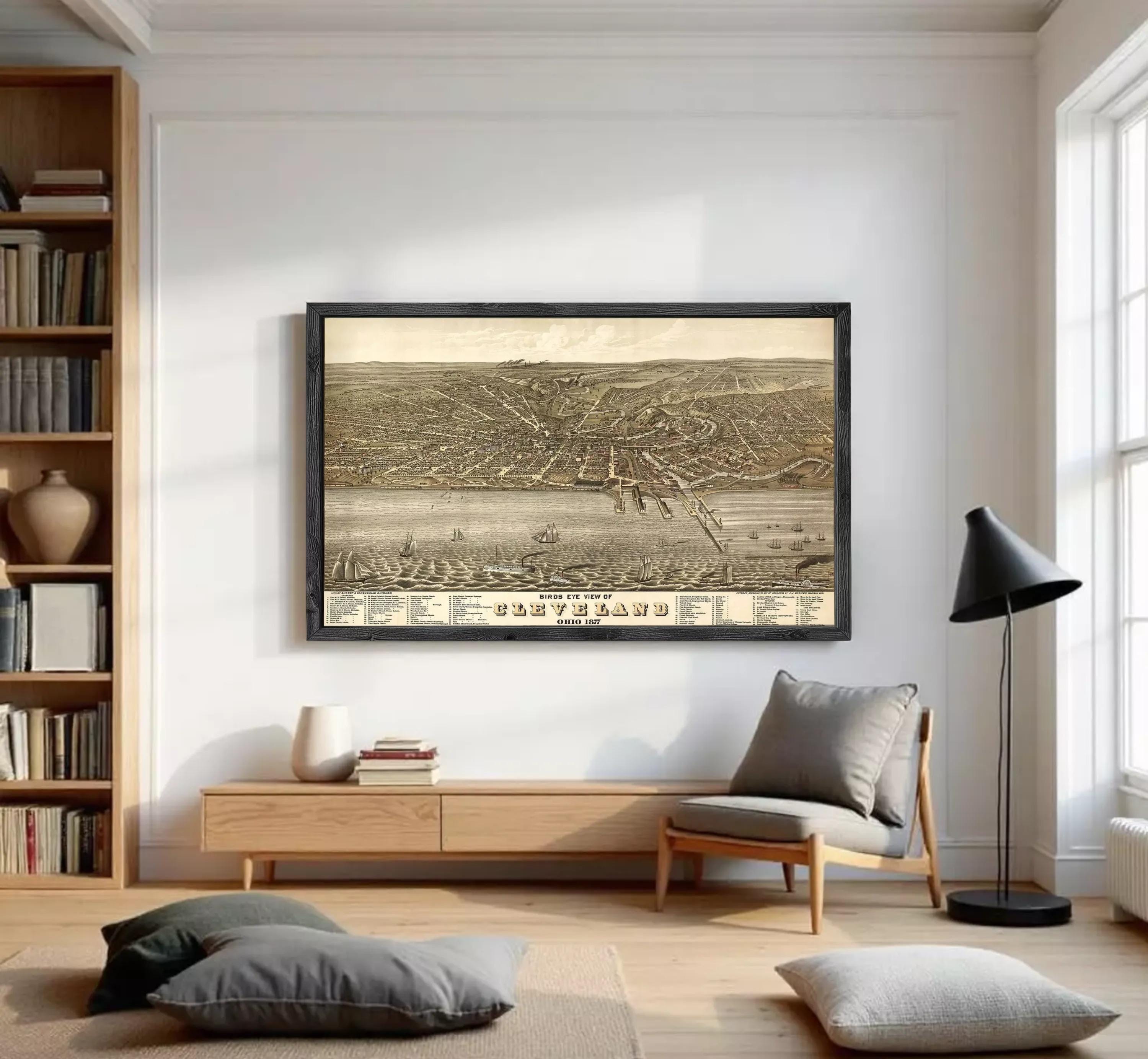 The image is a framed vintage map of Cleveland, Ohio, depicting the city's layout and surrounding areas.