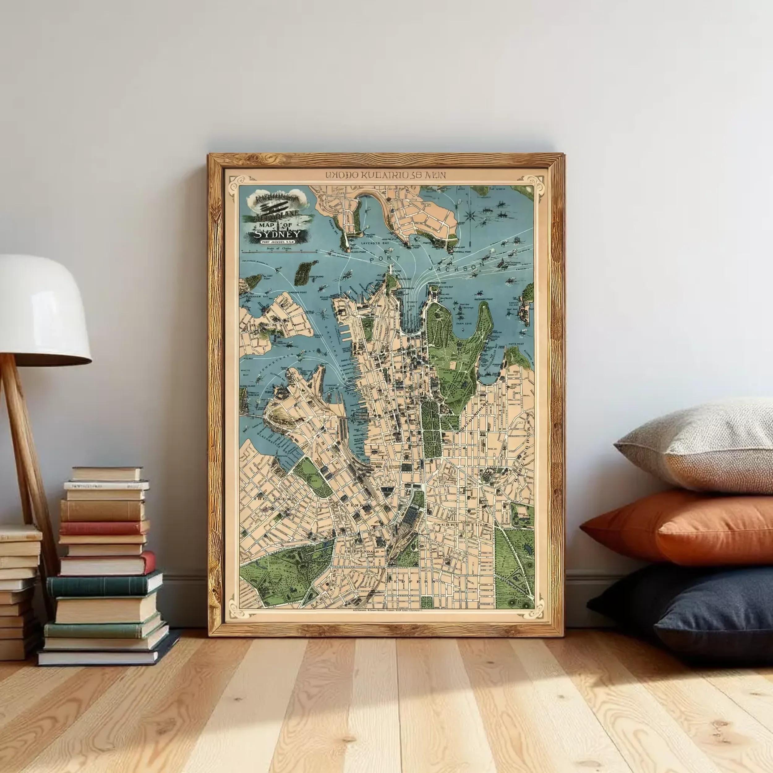 A framed vintage map of Sydney, Australia, displayed on a wall in a room with a stack of books and pillows.
