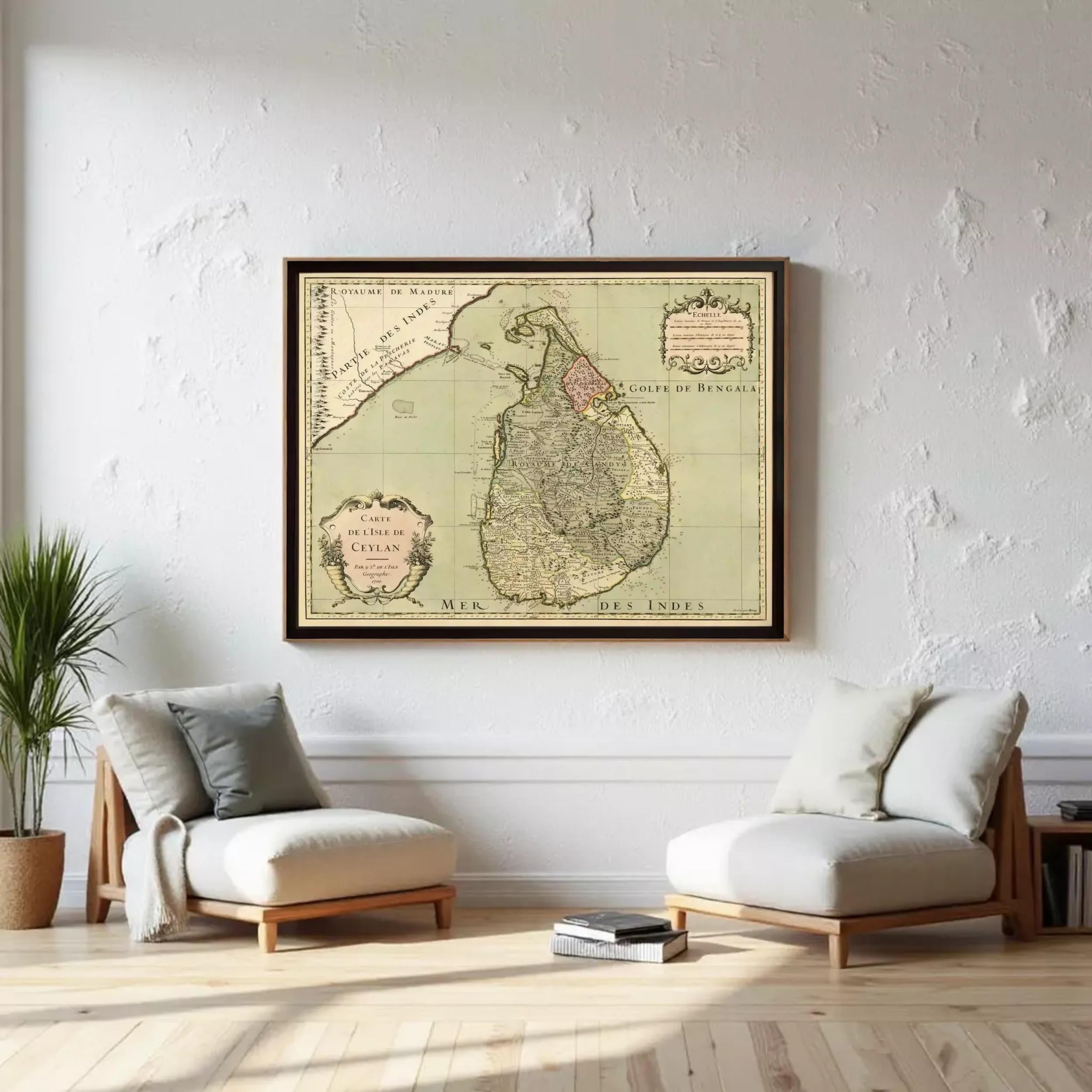 The image is a framed vintage map of Sri Lanka, showing the country's geographical layout and boundaries.