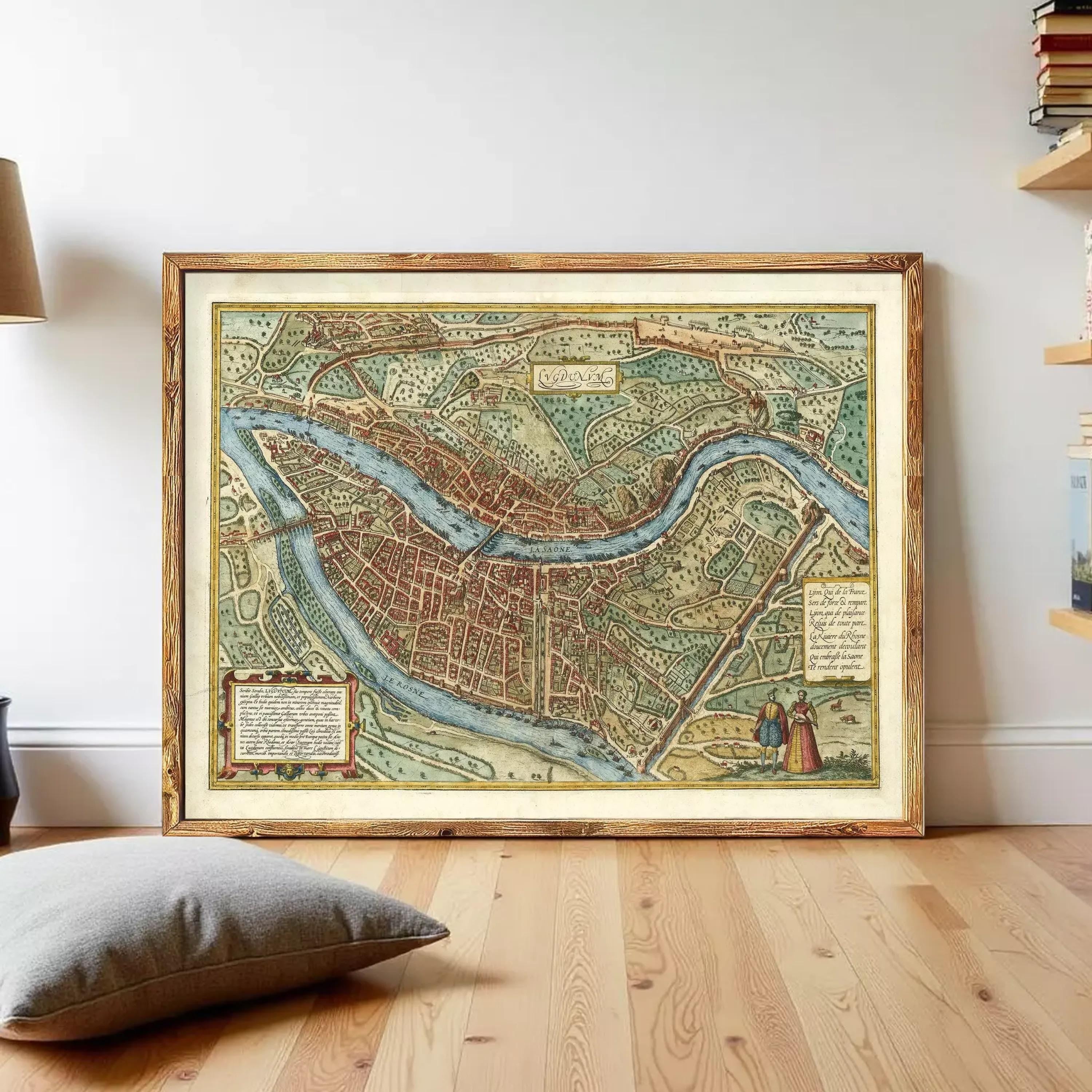 The image is a framed antique map of a city, likely from the 16th century, depicting a detailed layout of the city with streets, buildings, and other landmarks.