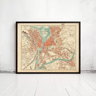 The image is a framed vintage map of the city of Bern, Switzerland, depicting the city's layout and surrounding areas.