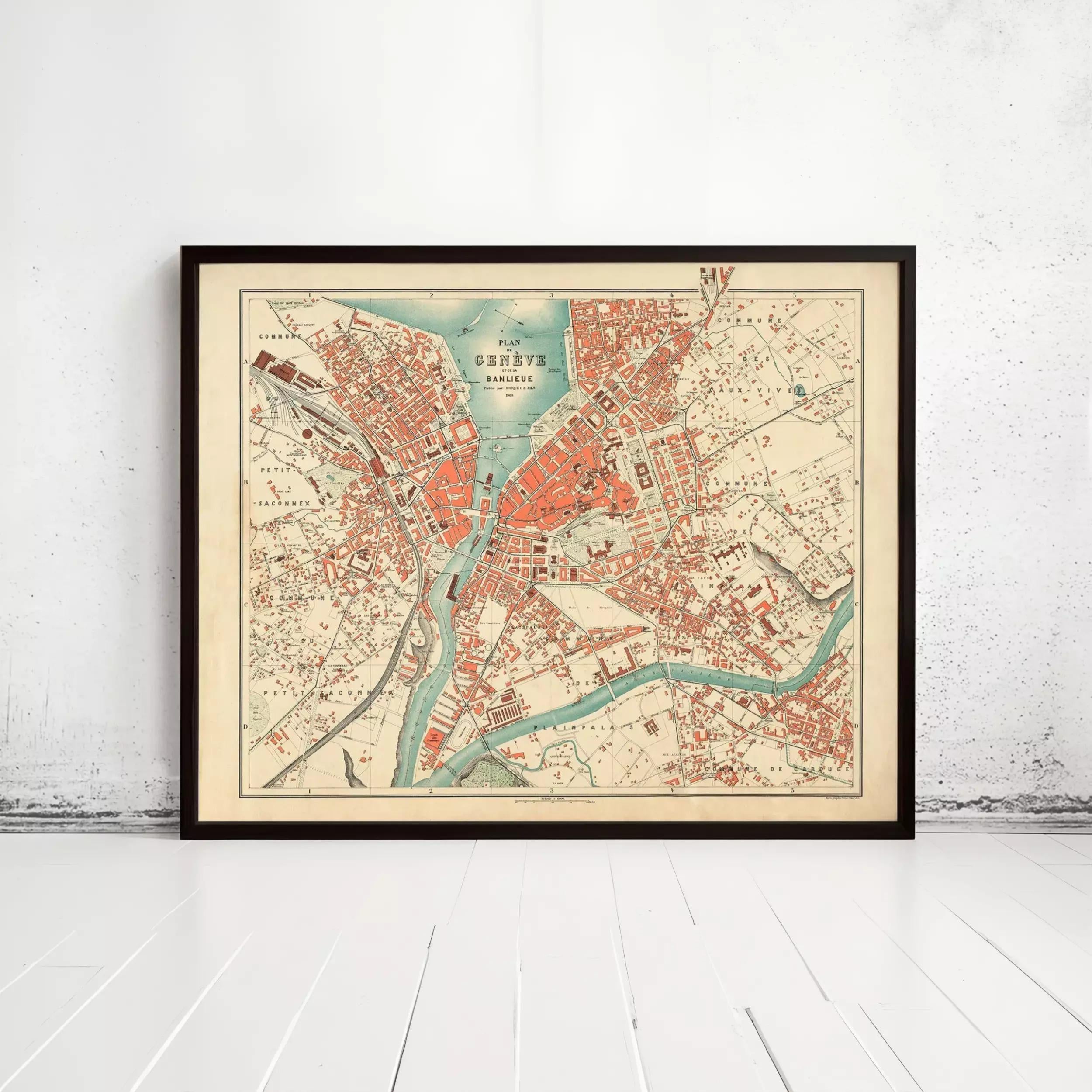 The image is a framed vintage map of the city of Bern, Switzerland, depicting the city's layout and surrounding areas.