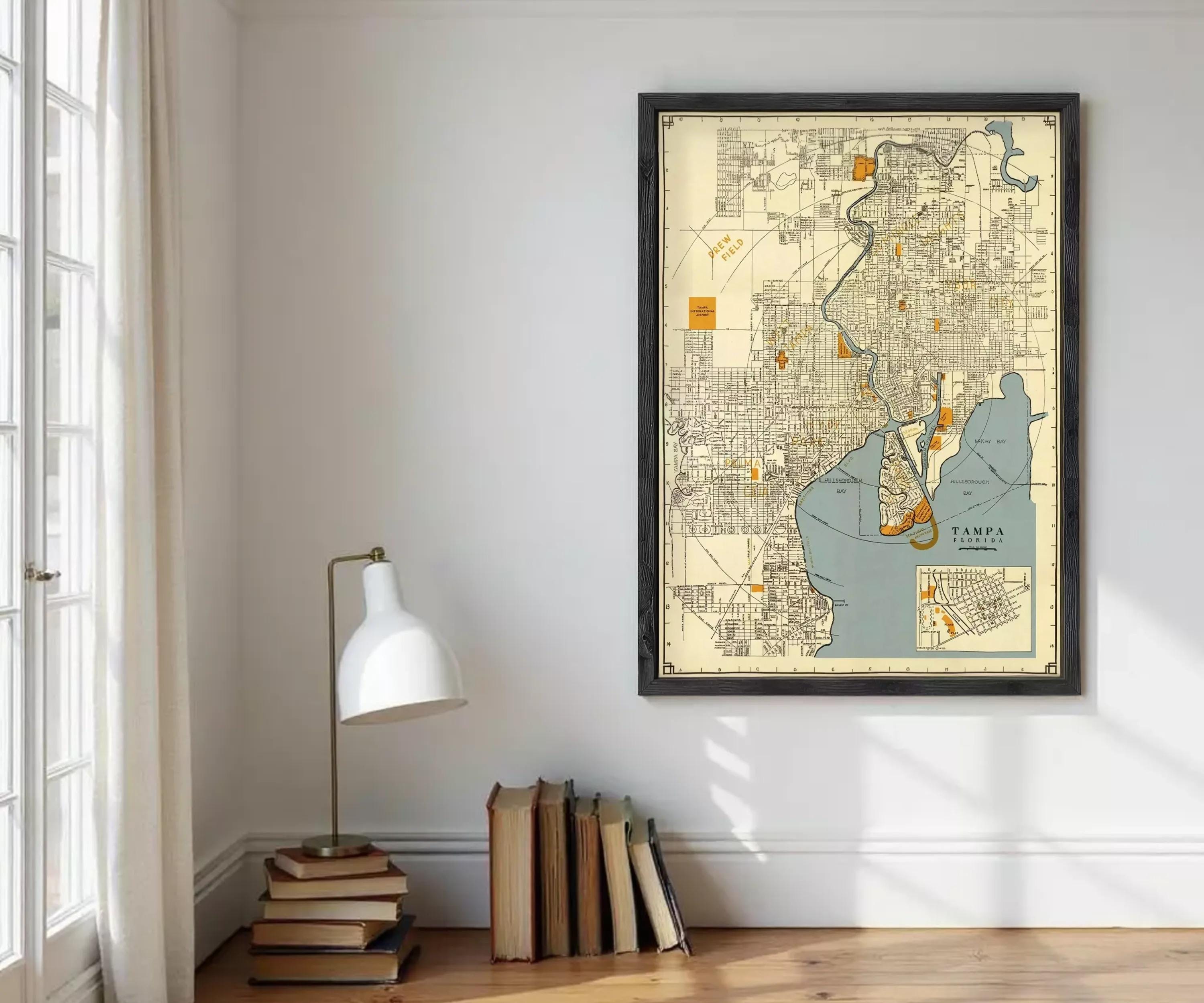 a framed map of Tampa, Florida, hanging on a wall in a room with a lamp, books, and a window.