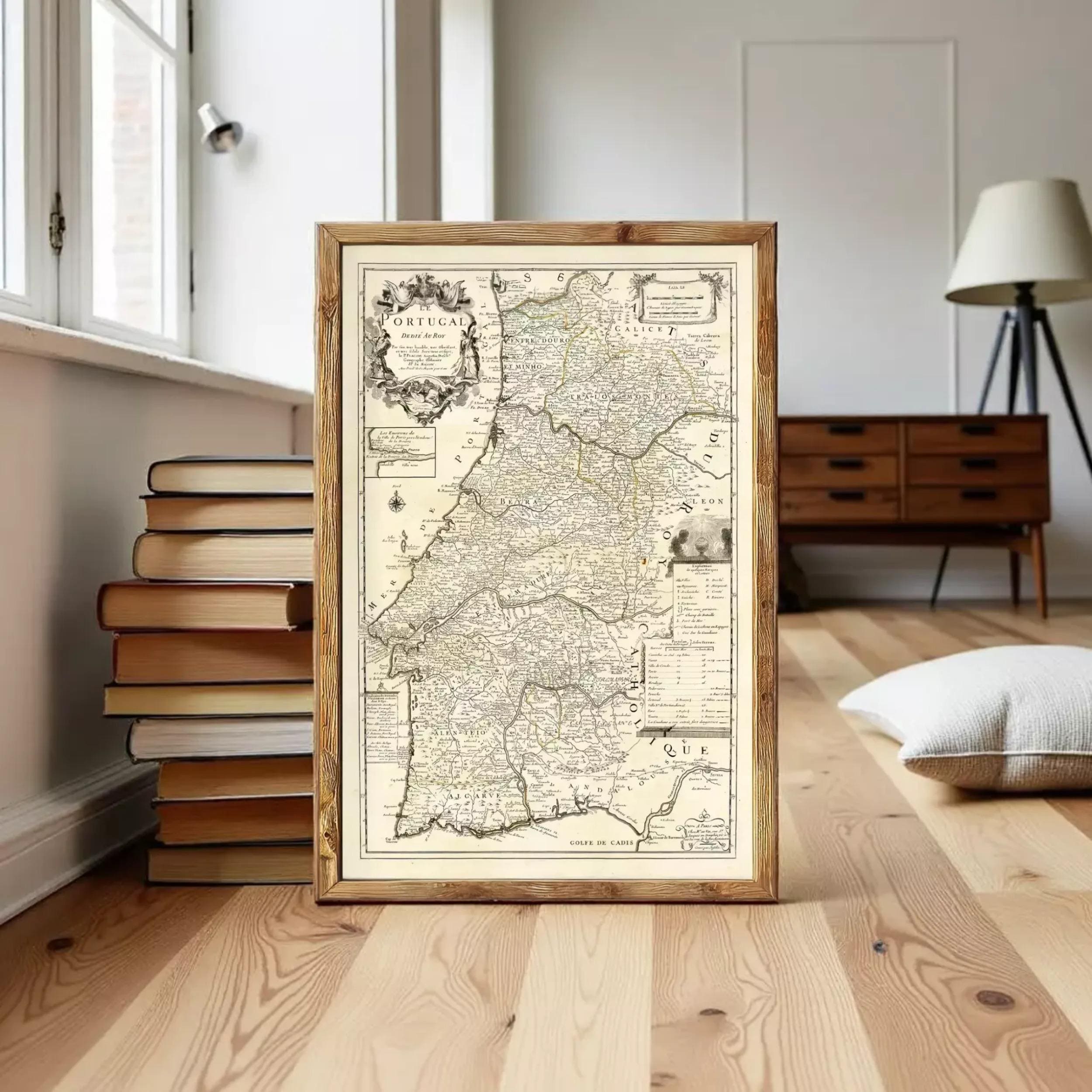 The image is a framed antique map of Portugal, featuring detailed geographical information and labels.