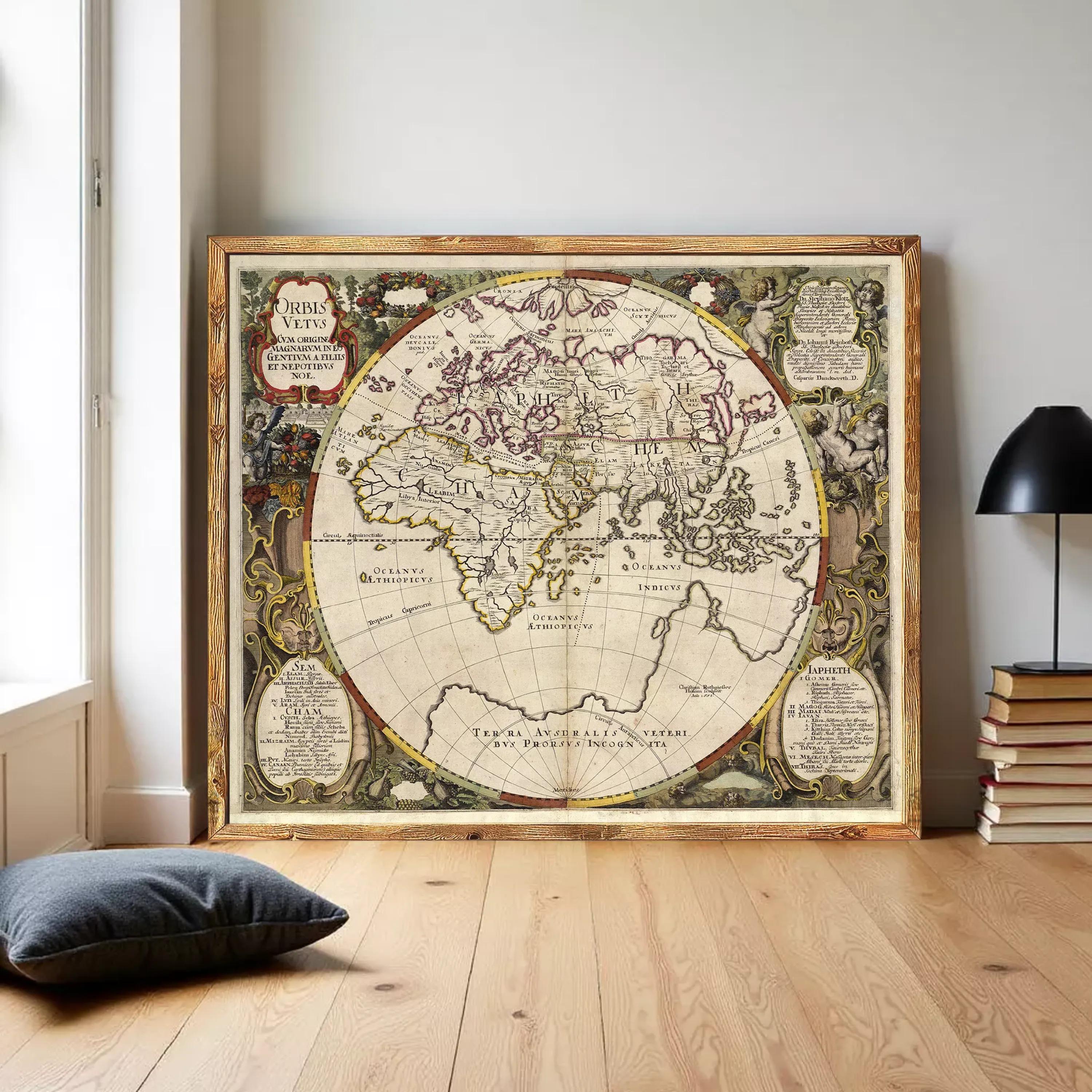 The image is a framed antique map of the world, featuring intricate details and decorative elements.