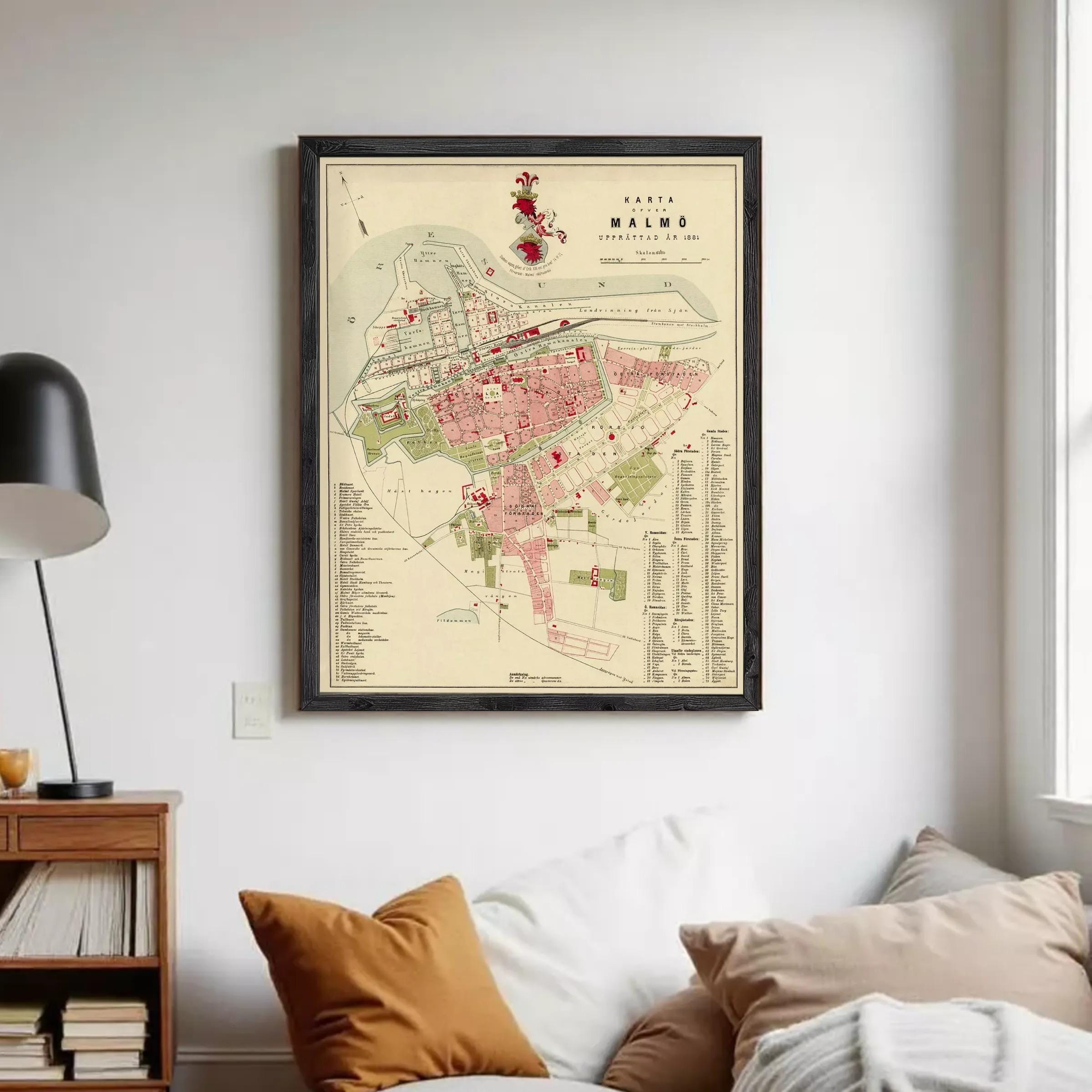 The image is a framed map of the city of Malmö, Sweden, dated 1881.