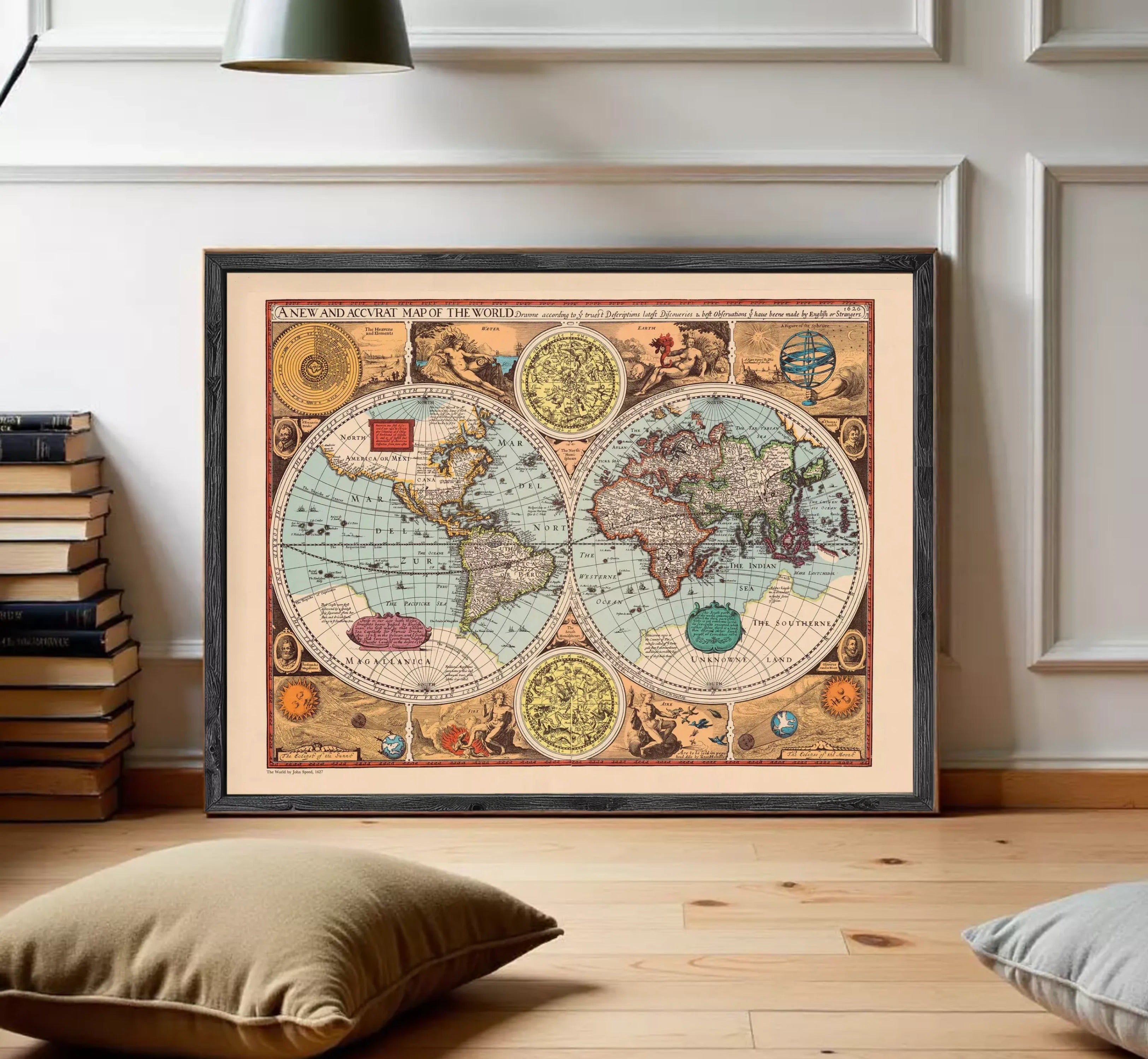 The image is a framed vintage map of the world, featuring detailed illustrations and labels.