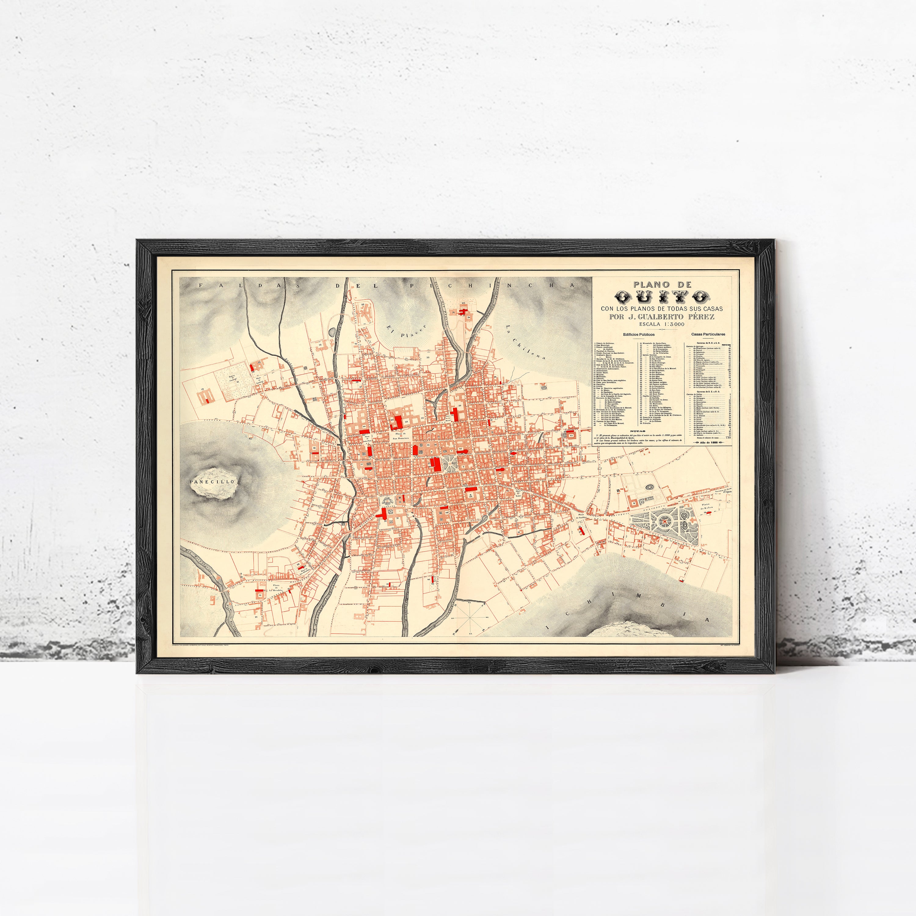 The image is a framed map of Quito, Ecuador, showing the city's streets and surrounding areas.