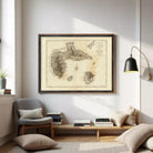 The image is a framed antique map of the Guadeloupe archipelago, which is a group of islands located in the Caribbean Sea.