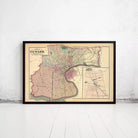 A framed map of New York City from the year 1848, depicting the city's layout and surrounding areas.