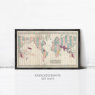 The image is a framed vintage world map with a black border and a light beige background.