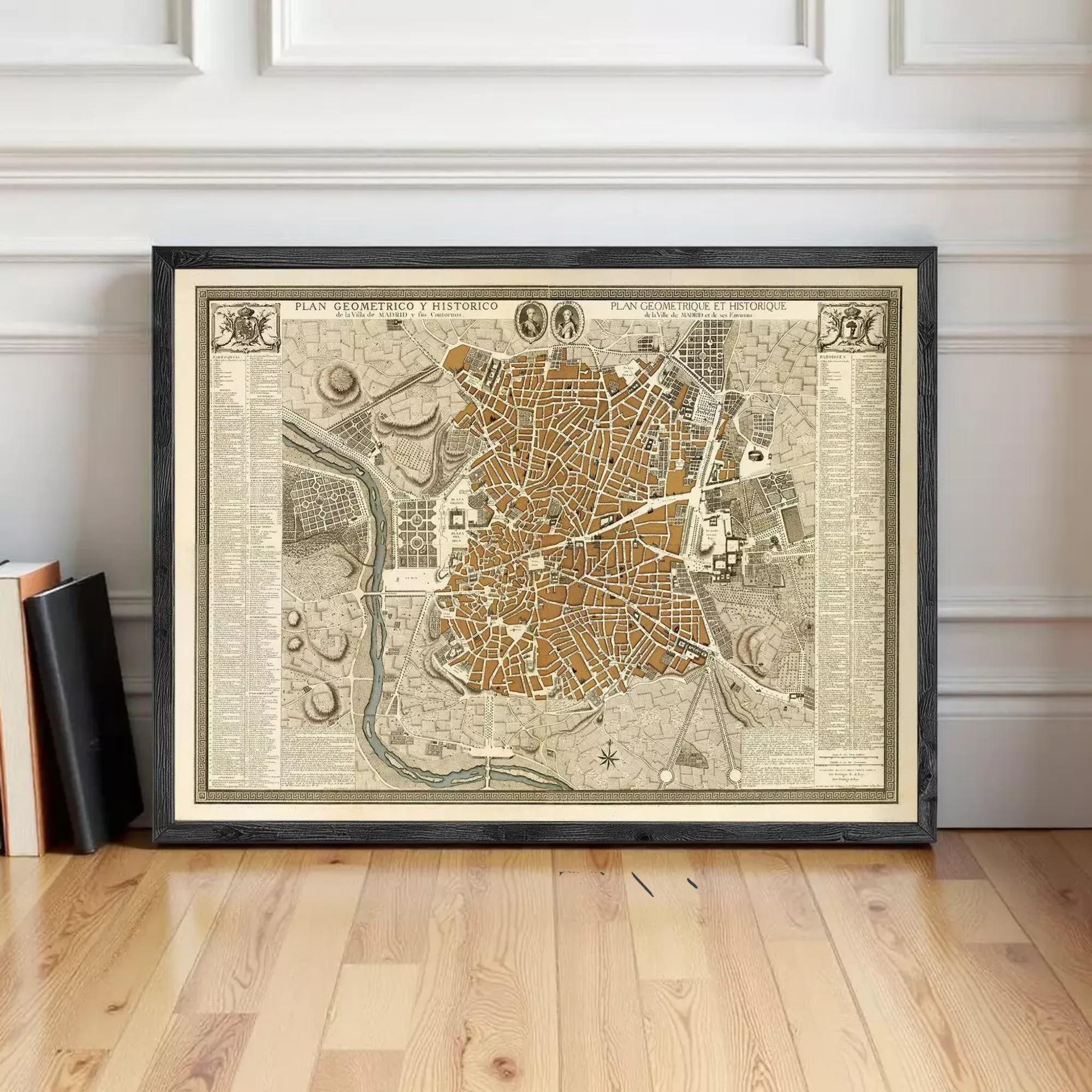 a large, framed map of a city or region, with detailed geographical information and various landmarks or points of interest.