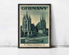 The image is a framed vintage travel poster advertising Germany, featuring the spires of the Thuringian Cathedral and the Church of St. Stephen in Thuringia.