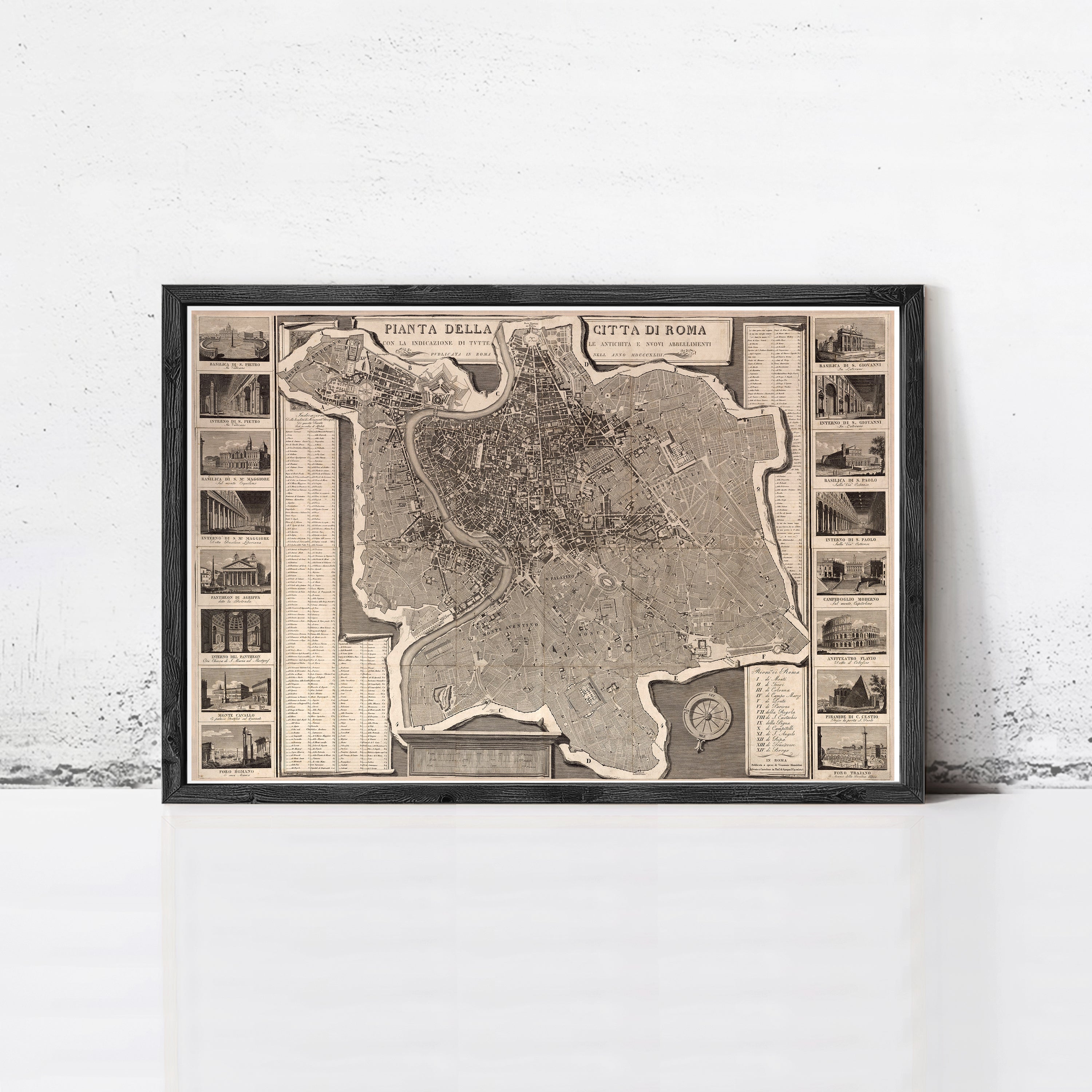 The image is a framed vintage map of Rome, Italy, depicting the city's layout and landmarks.