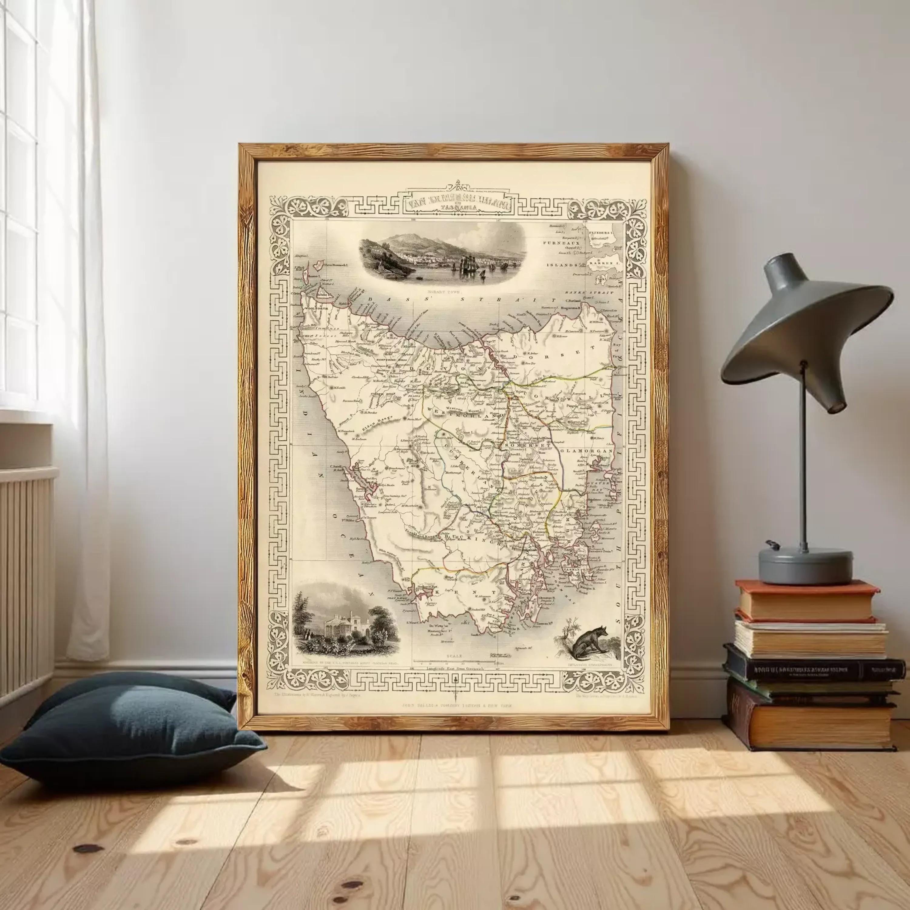 The image is a framed vintage map of the State of Victoria, Australia, with various illustrations and details surrounding the map.