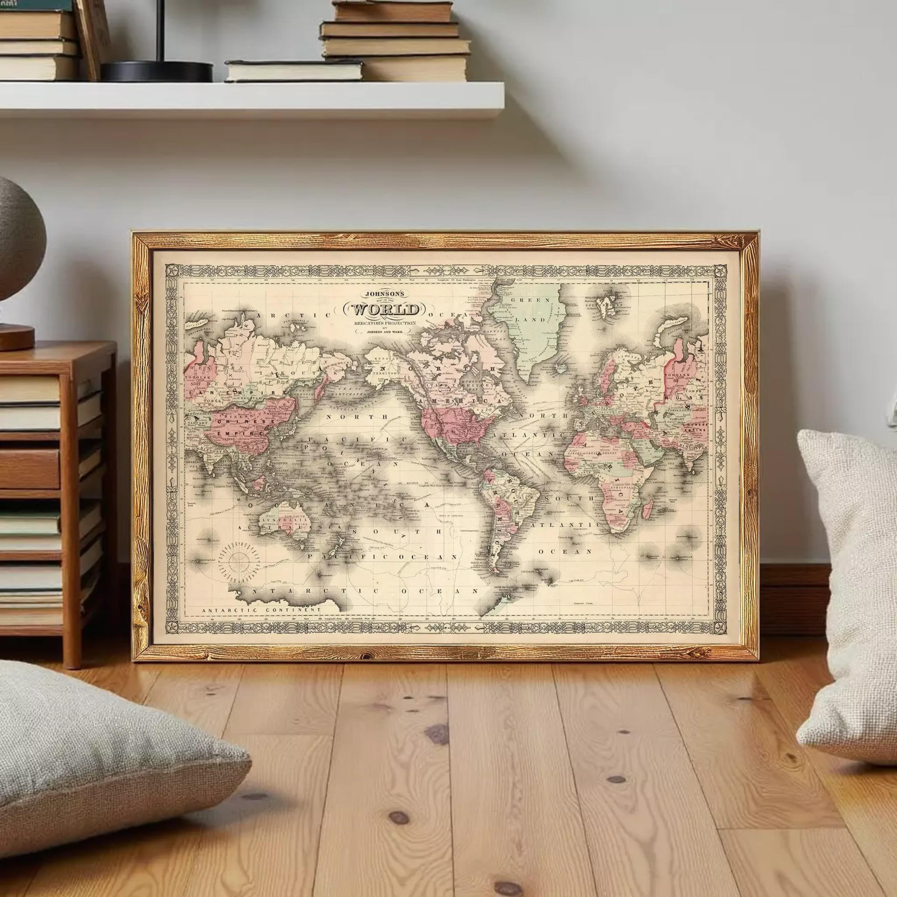 The image is a framed vintage map of the world, depicting the continents and oceans in a detailed and intricate manner.