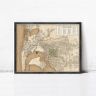 The image is a framed vintage map of San Diego, California, depicting the city's streets and surrounding areas.