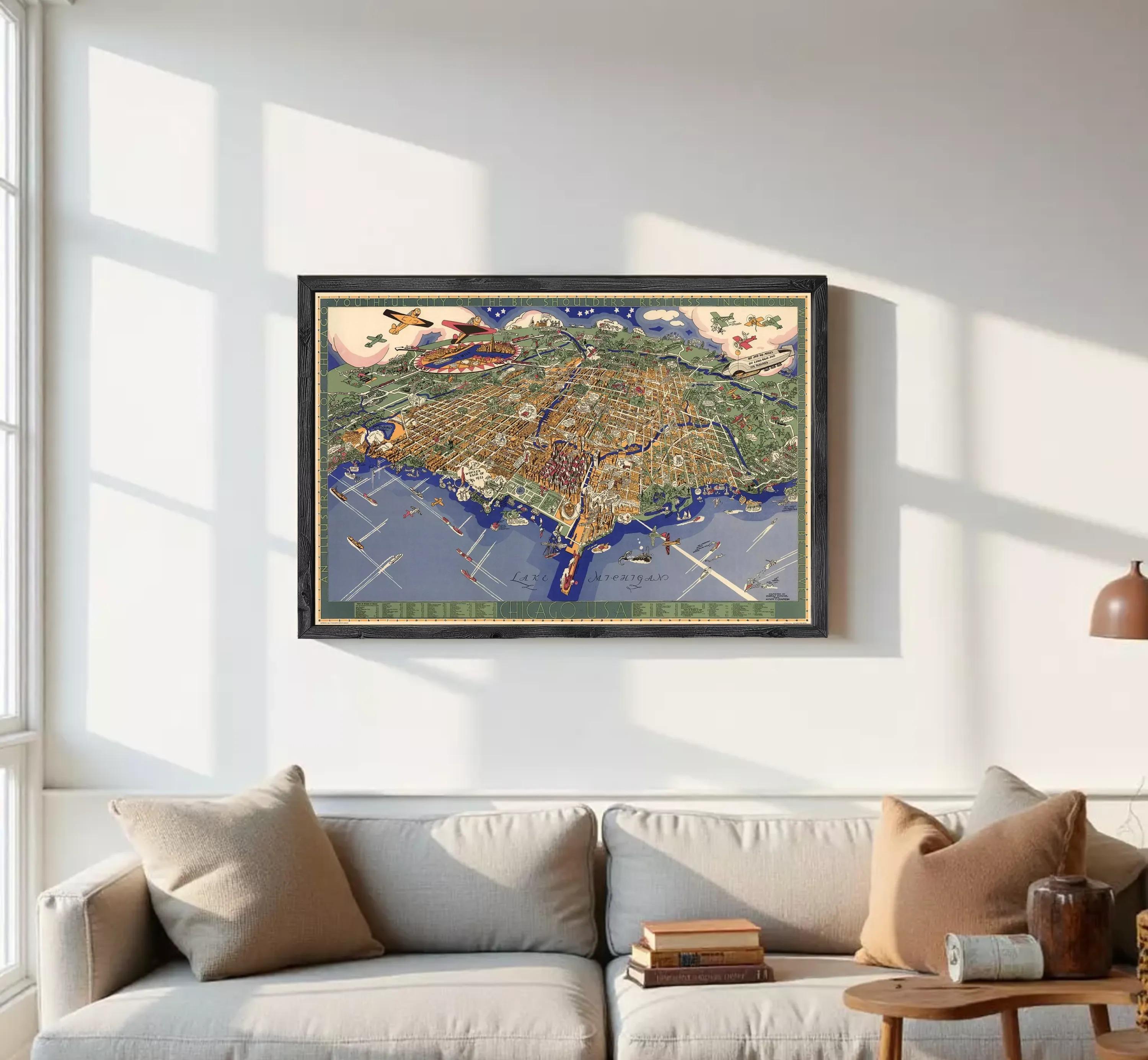 The image is a framed vintage map of a city, depicting various landmarks and streets.
