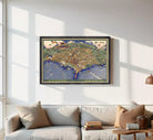 The image is a framed vintage map of a city, depicting various landmarks and streets.