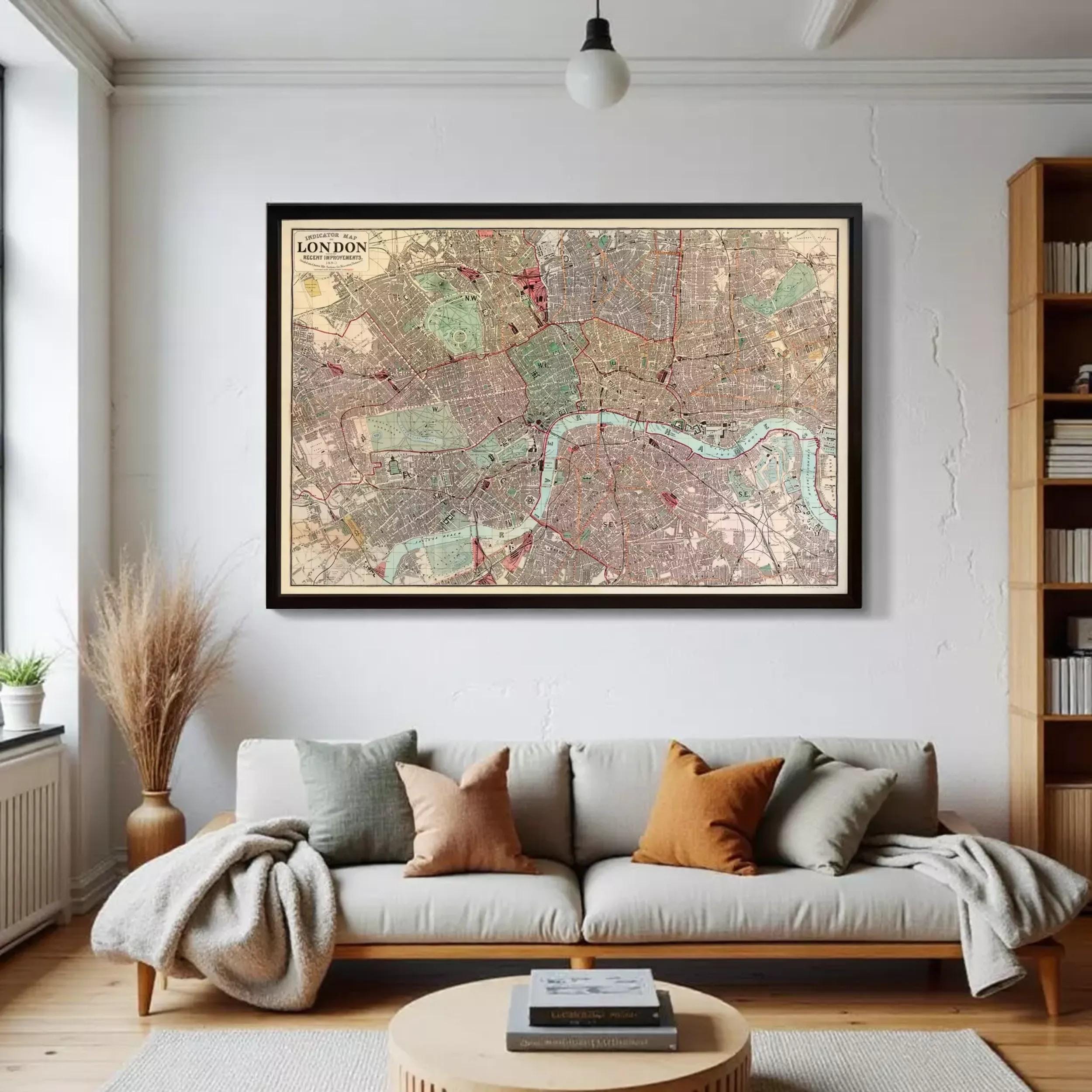 The image is a framed map of London, England, depicting the city's streets, landmarks, and other geographical features.