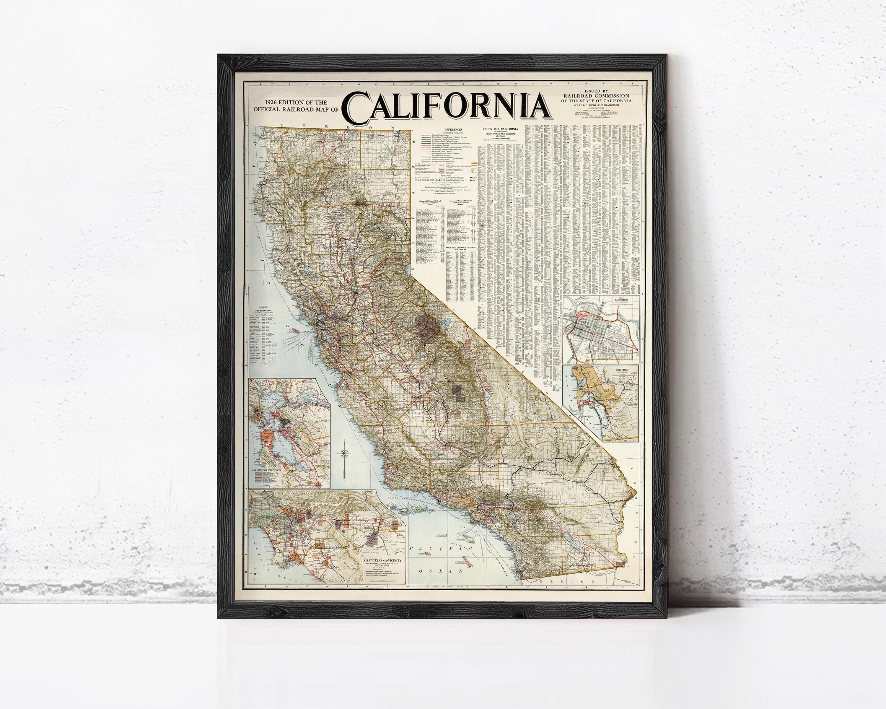 The image is a framed vintage map of California, depicting the state's geographical layout and major cities.